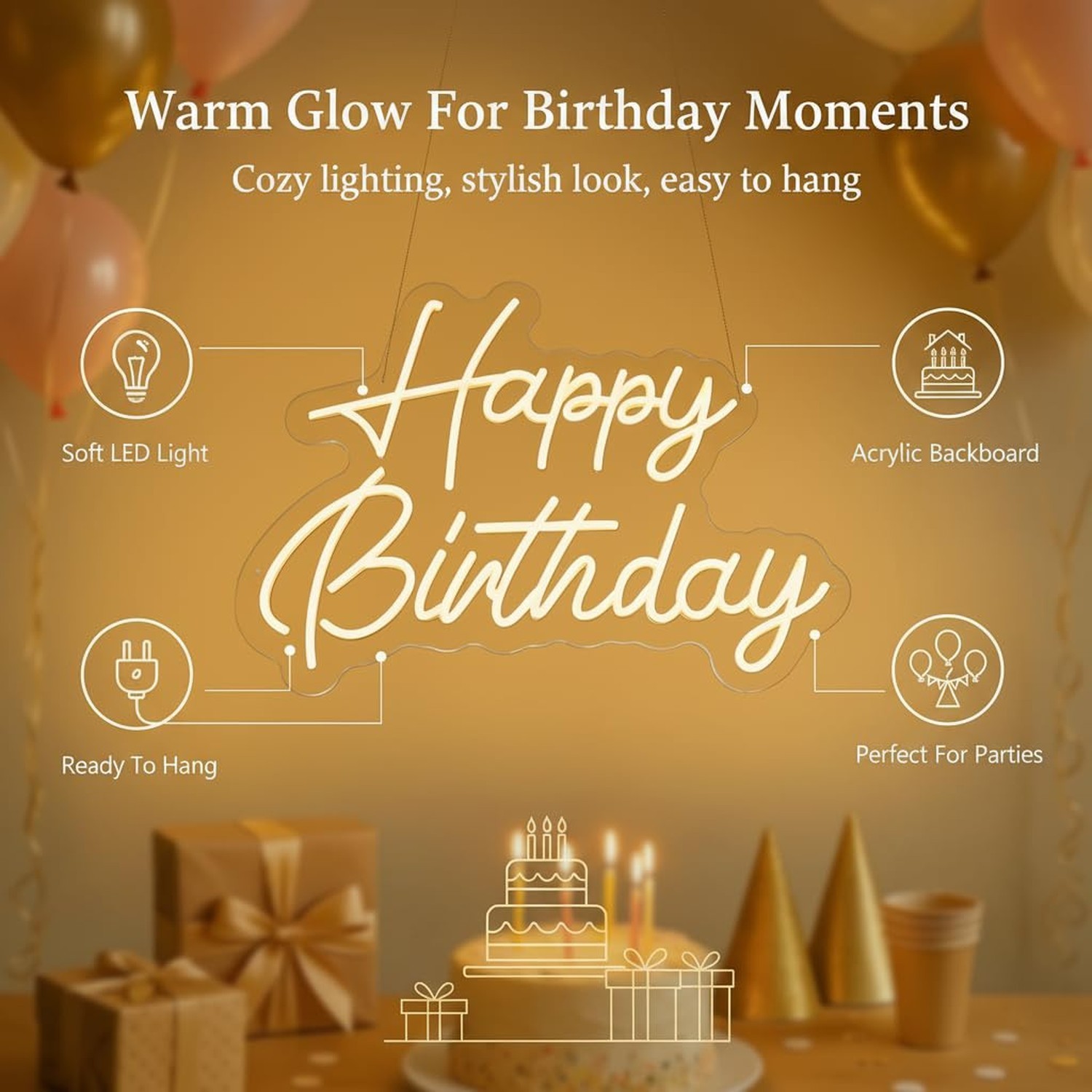 Happy Birthday Neon Sign, 22×16.9 Inch Large Warm White Dimmable LED Light