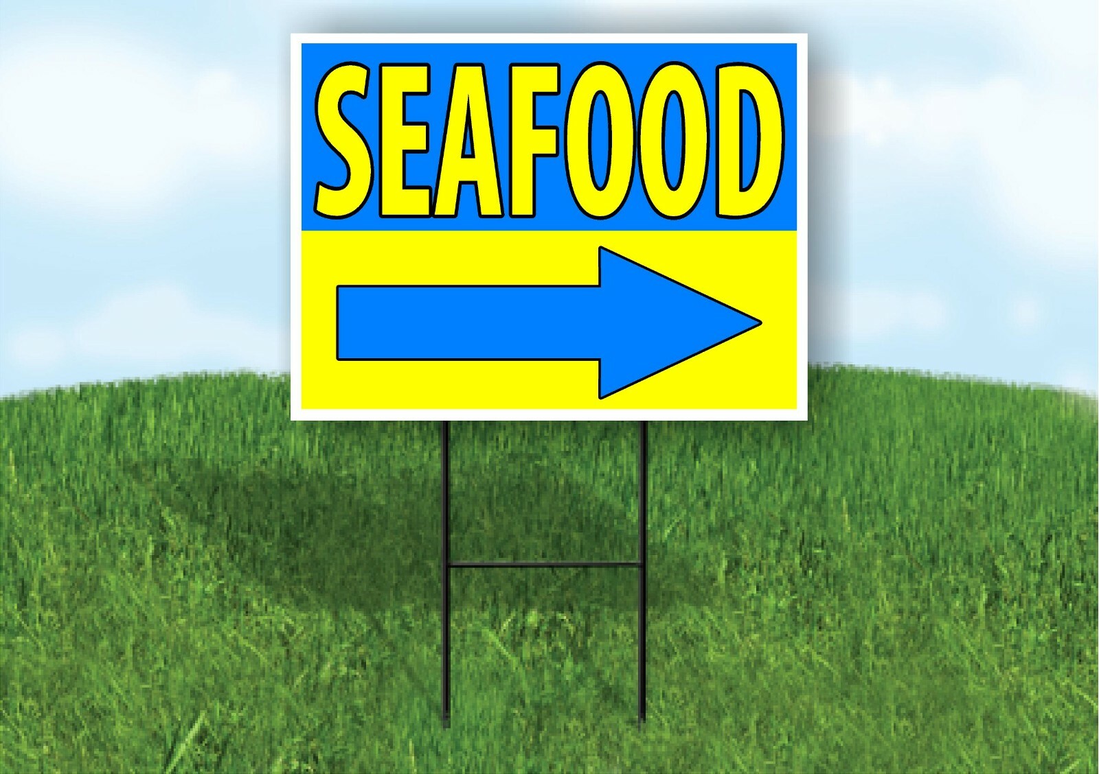 SEAFOOD RIGHT ARROW BLUE YELLOW Yard Sign Road with Stand LAWN SIGN Single sided