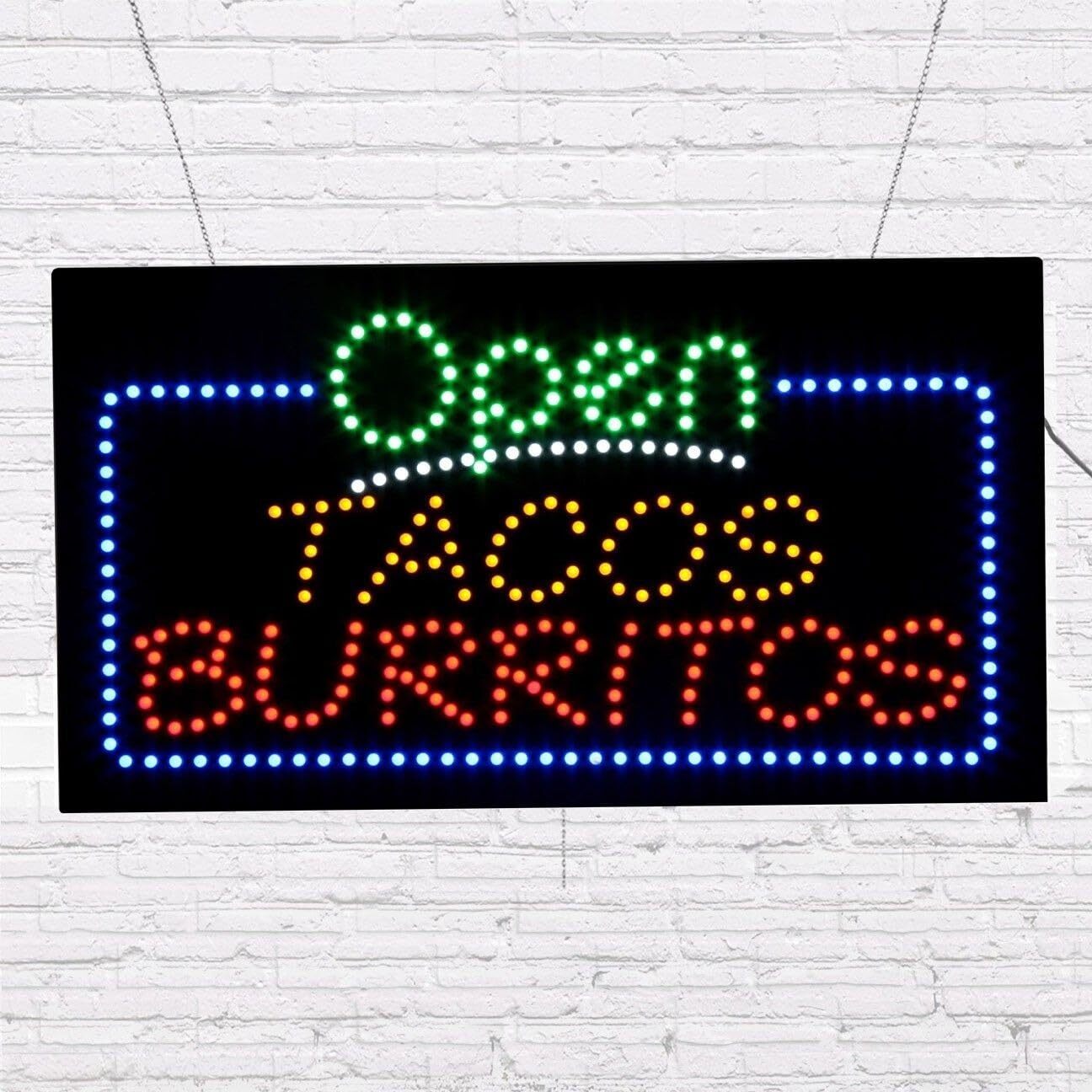 LED Open Tacos Burritos Sign for Business | Light Up Sign | 12″H x 24″W x 2″D