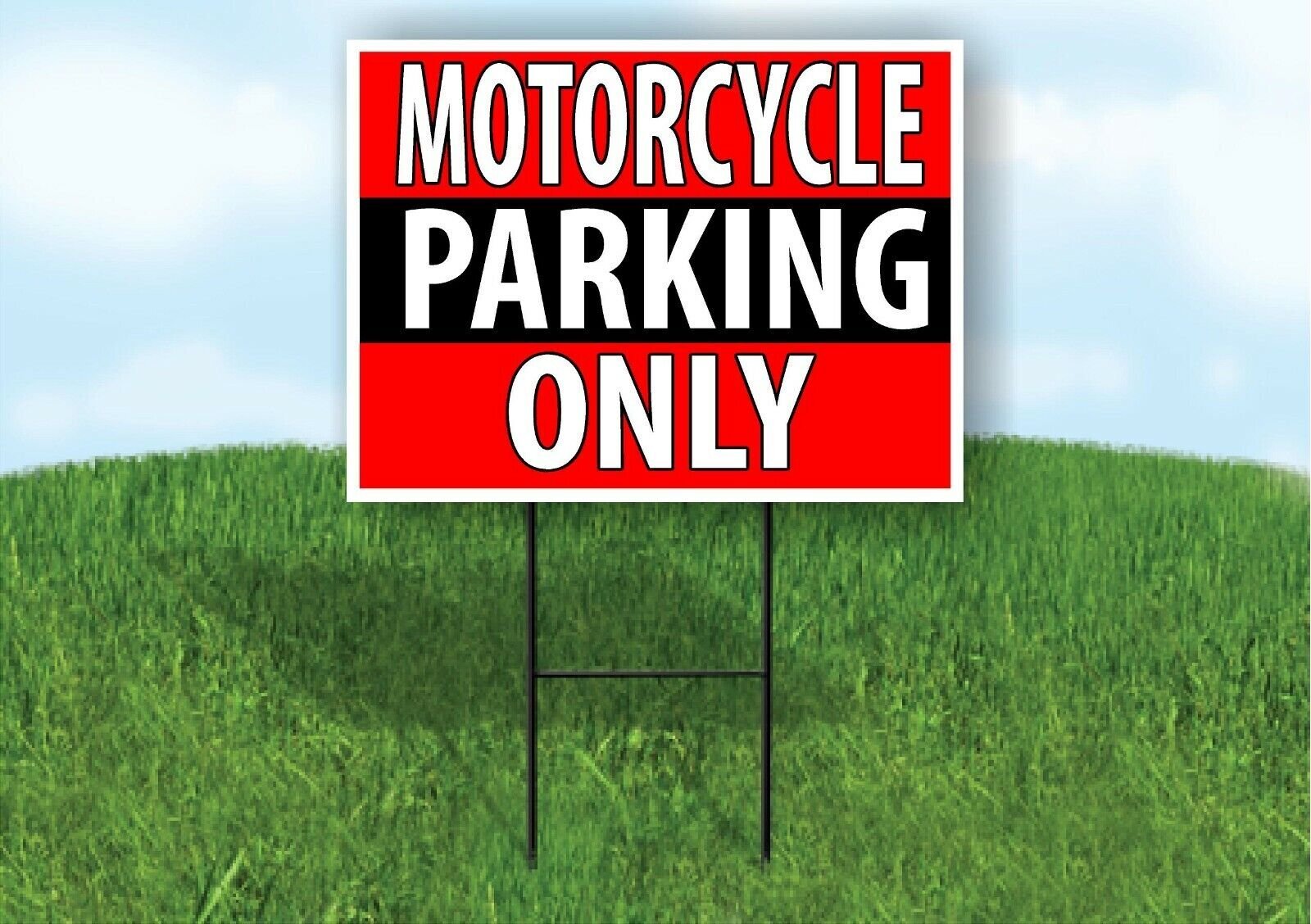 Motorcycle PARKING ONLY BLACK STRIPE Plastic Yard Sign ROAD SIGN with Stand