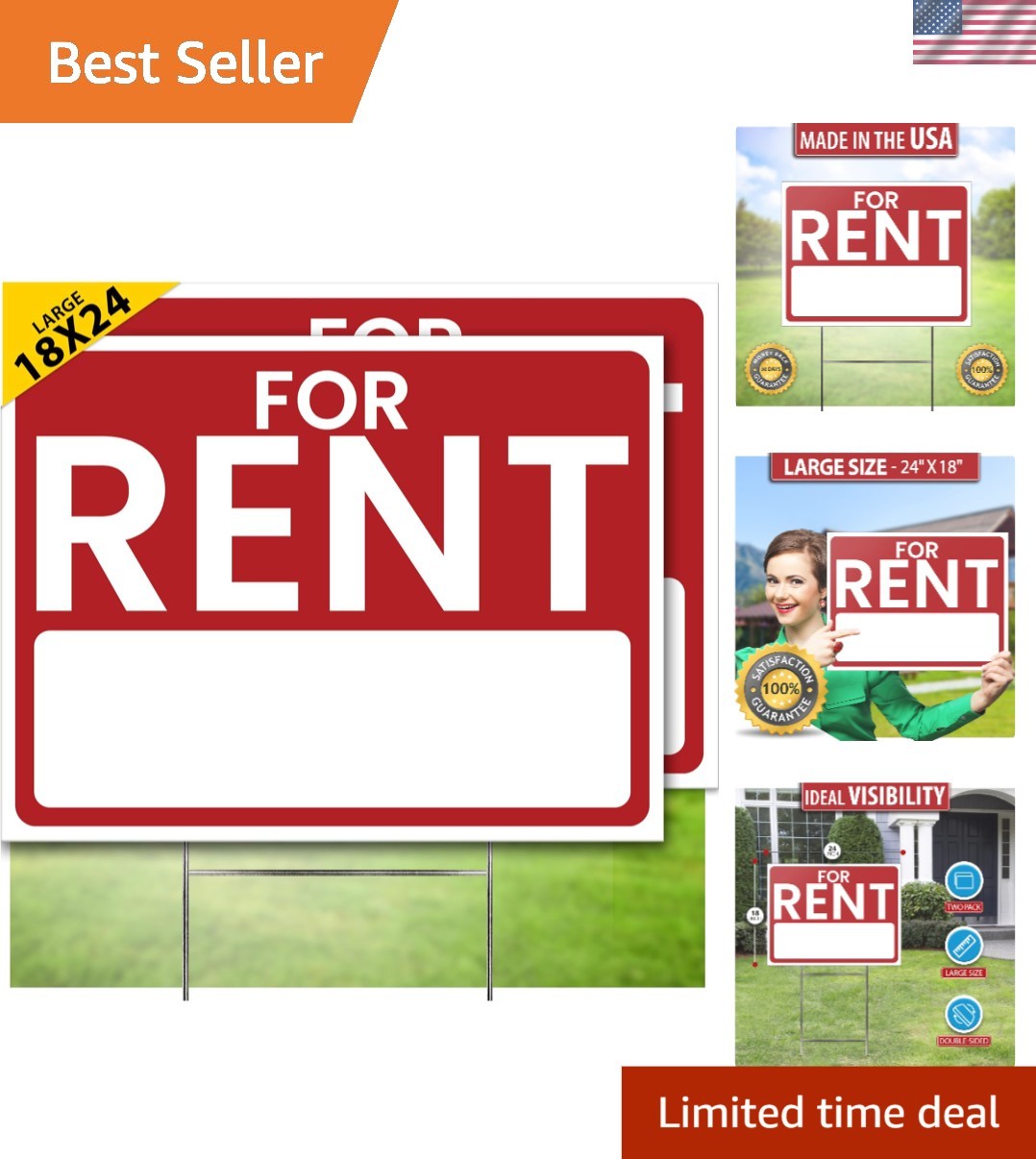 All-Weather For Rent Signs 2 Pack – Large 24″ x 18″ with Heavy-Duty Stakes