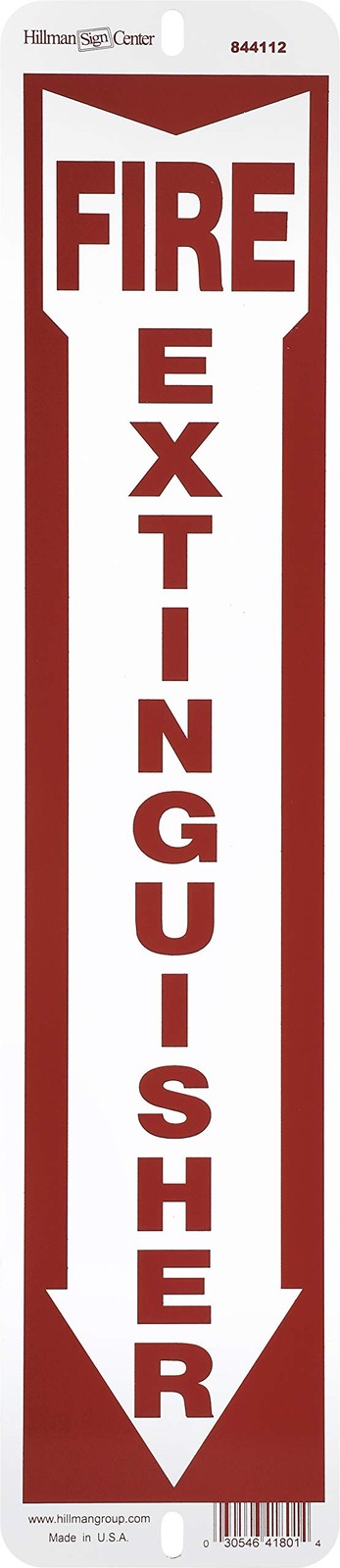 844112 White and Red Aluminum Fire Extinguisher Sign with Arrow Symbol, 4″ x 18″