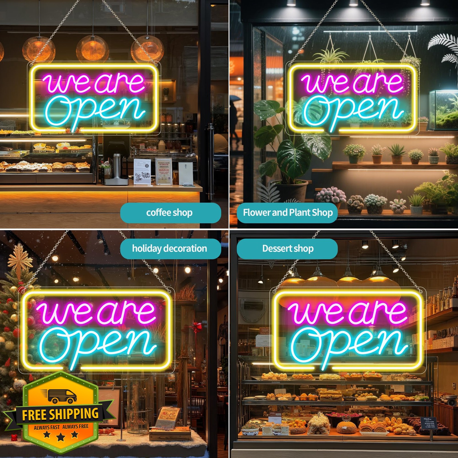 LED Neon Open Sign | 16.5″ x 9″ Dimmable | USB Powered, Pink/Blue/Yellow Ligh…