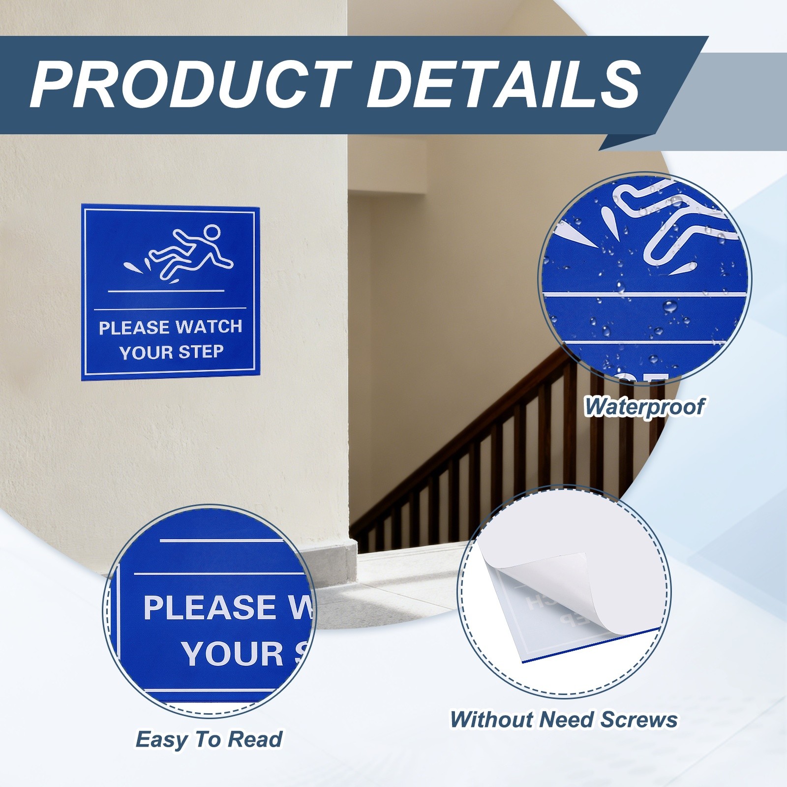 4″ x 4″ Please Watch Your Step Sign, 2 Pcs Warning Sign, Blue with White Text