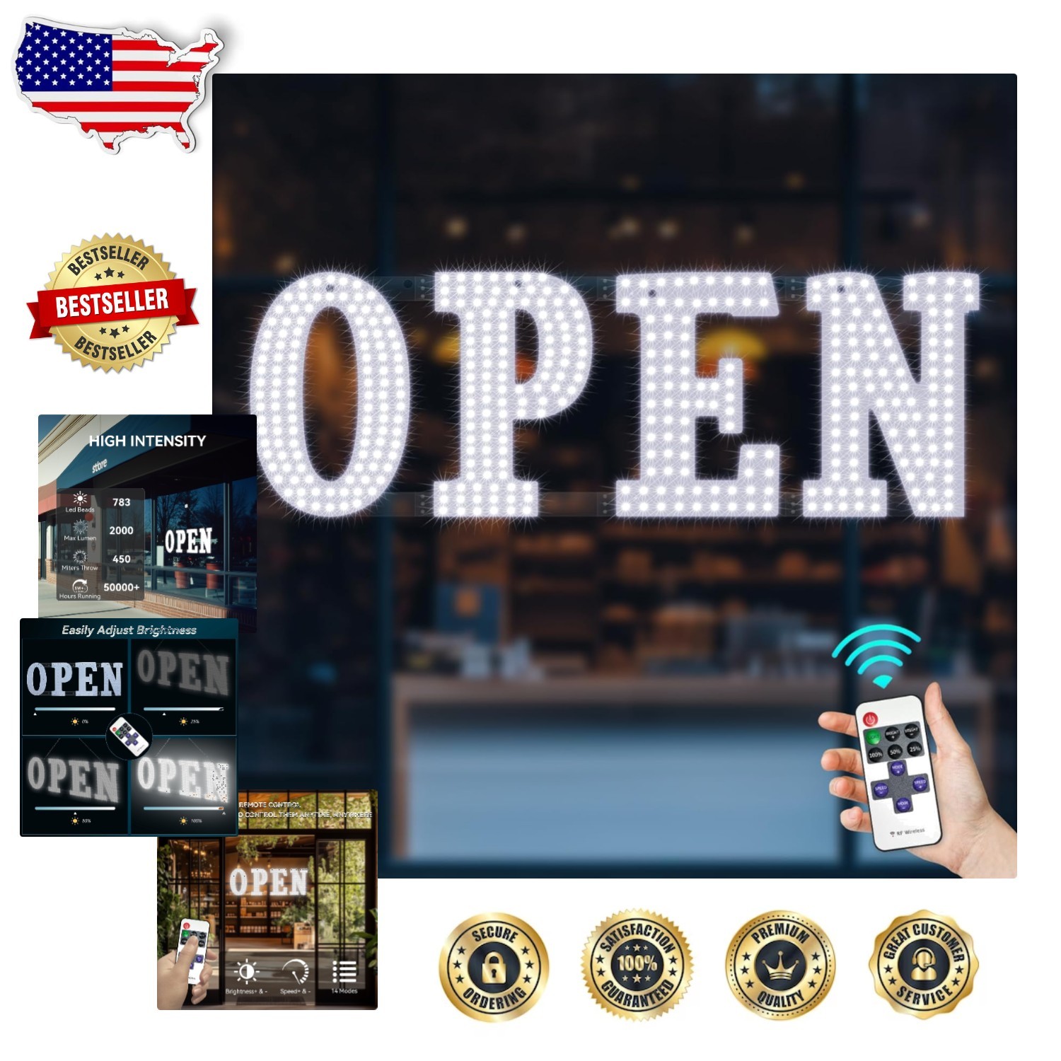 Large 40″ LED Open Sign with Remote 14 Modes 783 LEDs High Visibility Business