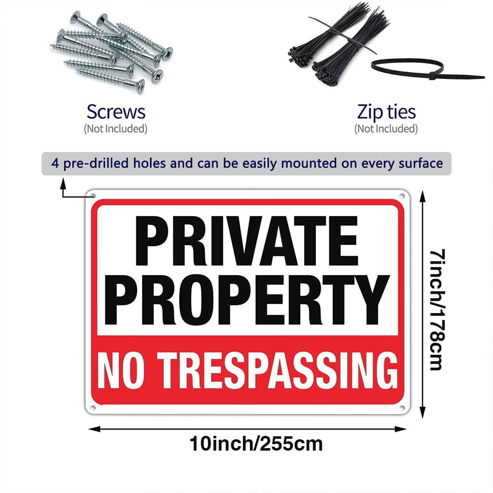 4Pack No Trespassing Signs Private Property Metal Sign 10 x 7 In Aluminum
