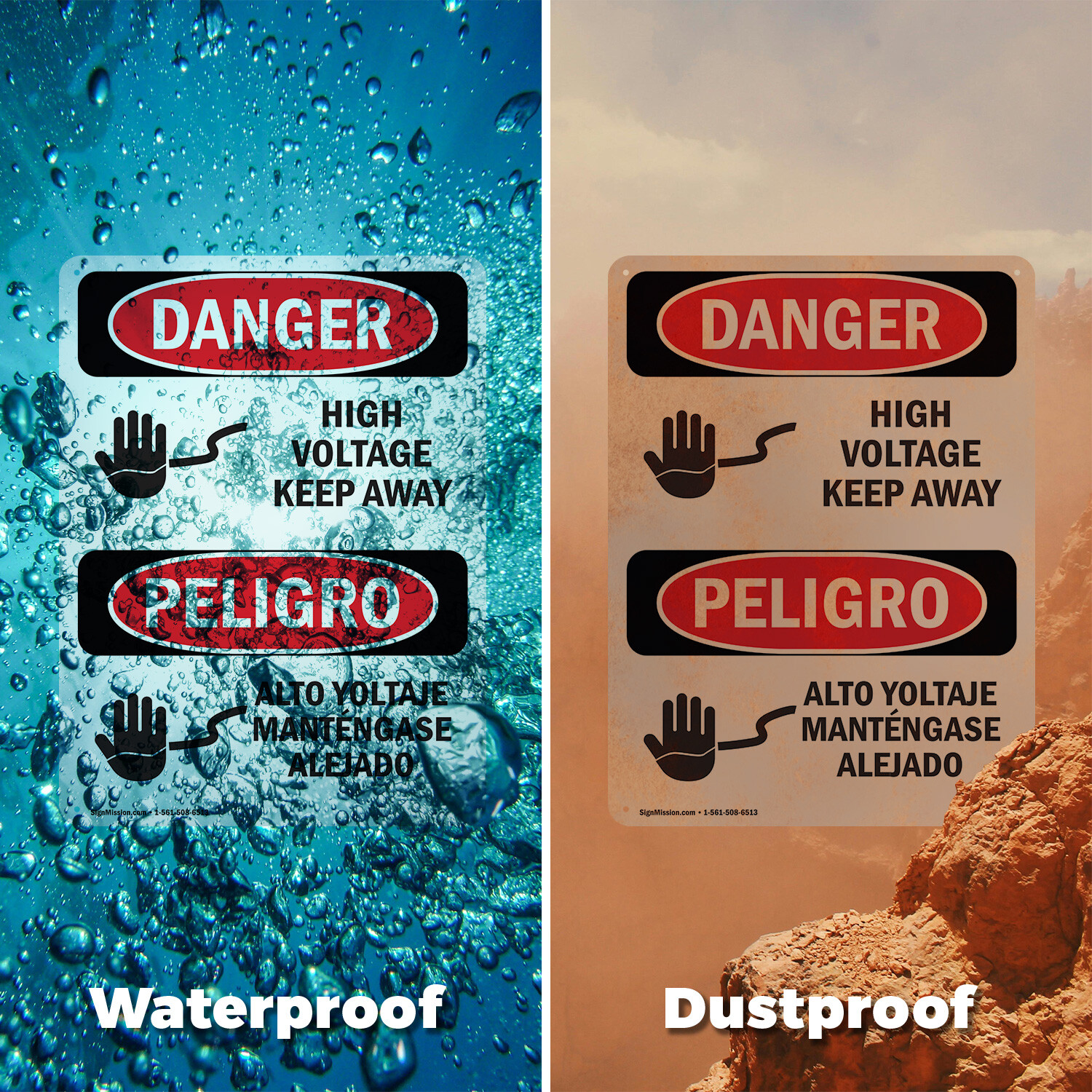 (2 Pack) High Voltage Keep Away Bilingual OSHA Danger Sign Decal Metal Plastic