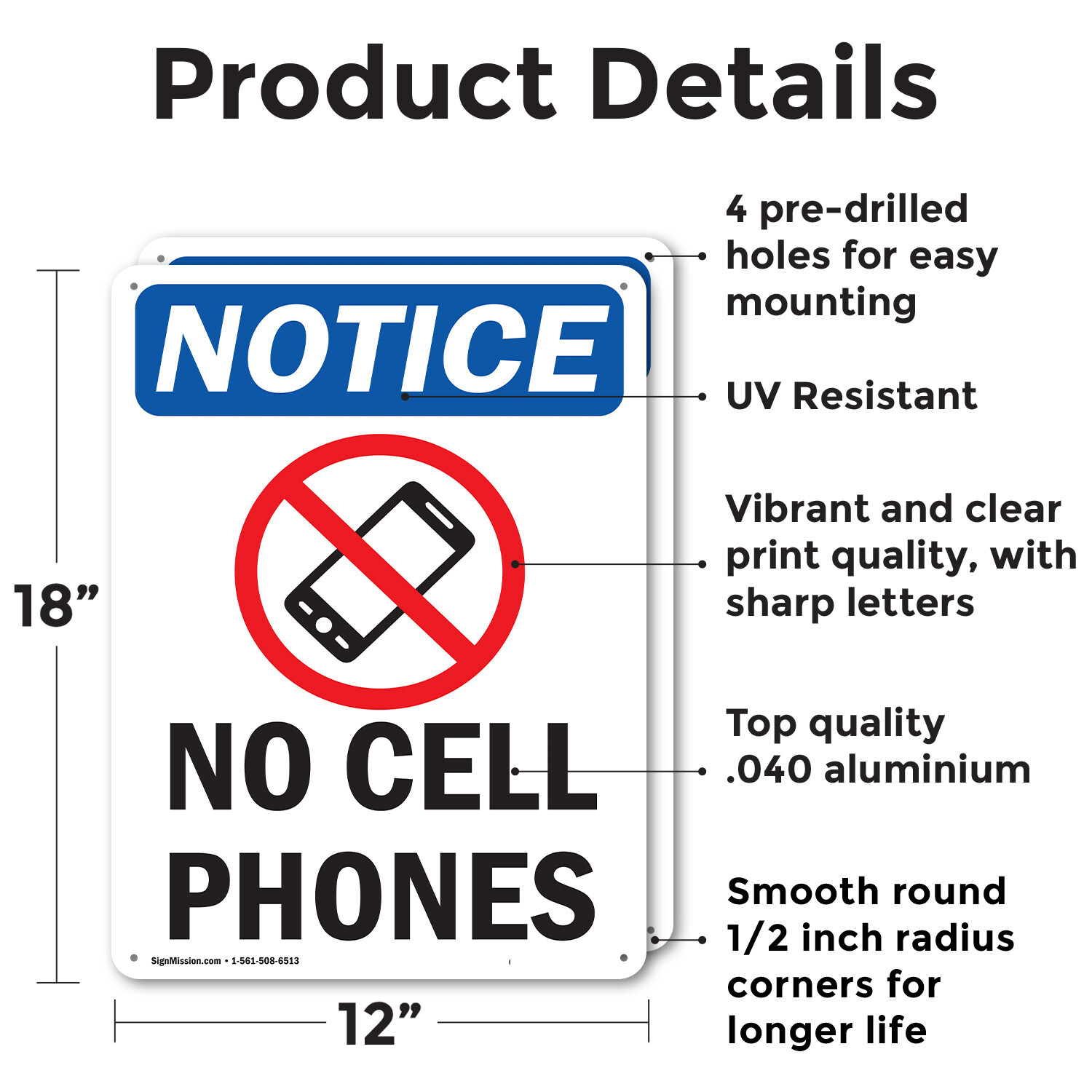 (2 Pack) No Cell Phones OSHA Notice Sign Decal Metal Plastic