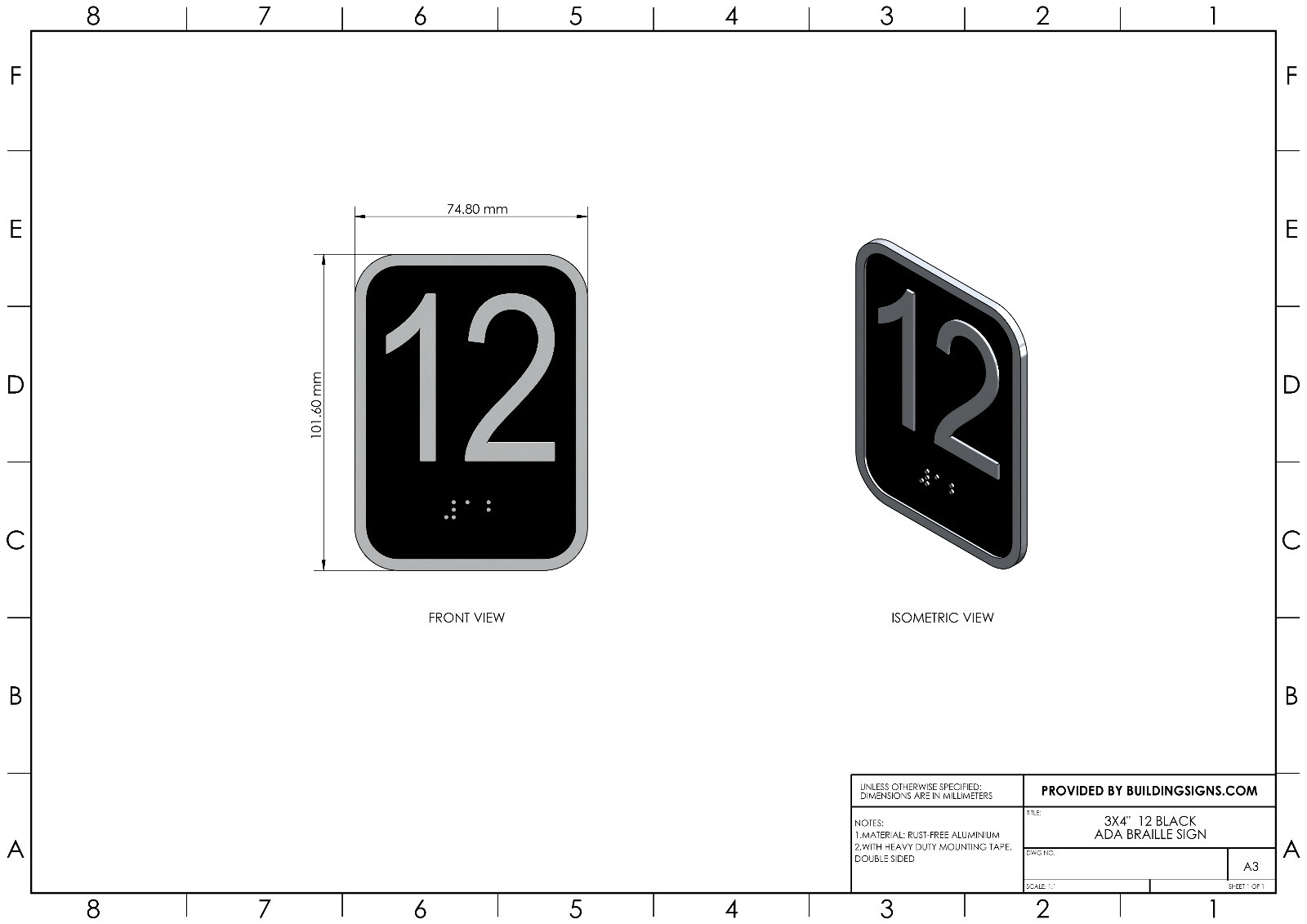 Elevator floor number 12 sign – Elevator Jamb Plate 12 ( 3×4, cast