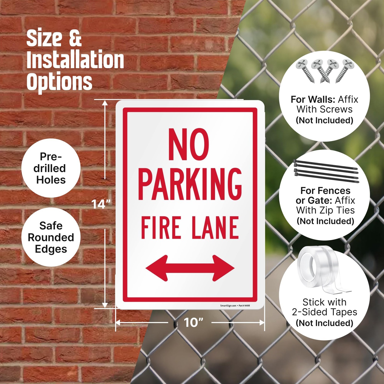 14 x 10 inch “No Parking – Fire Lane” Metal Sign with Bidirectional Arrow, 40…