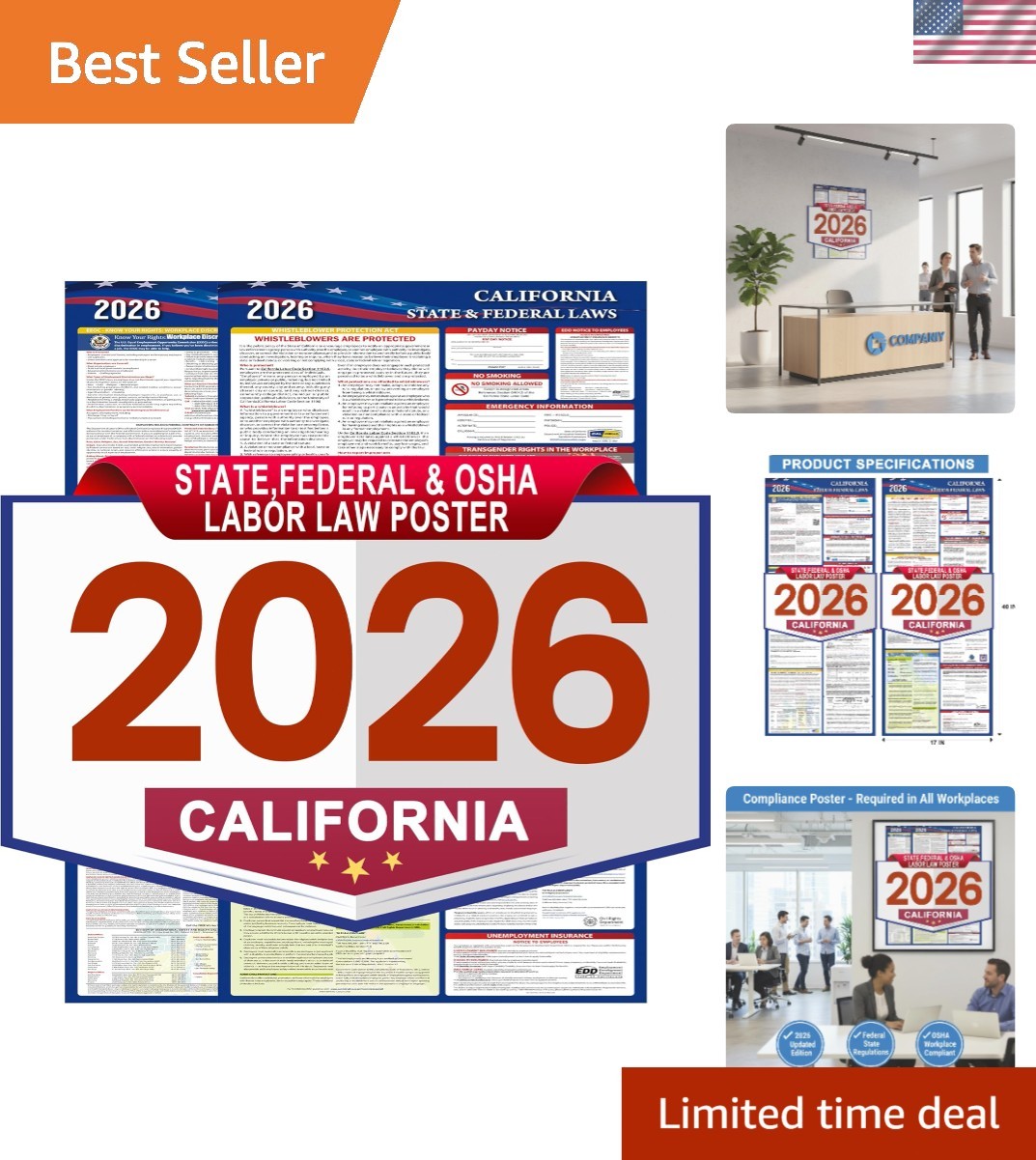 2026 California State and Federal Labor Laws Poster-English Version,OSHA Work…