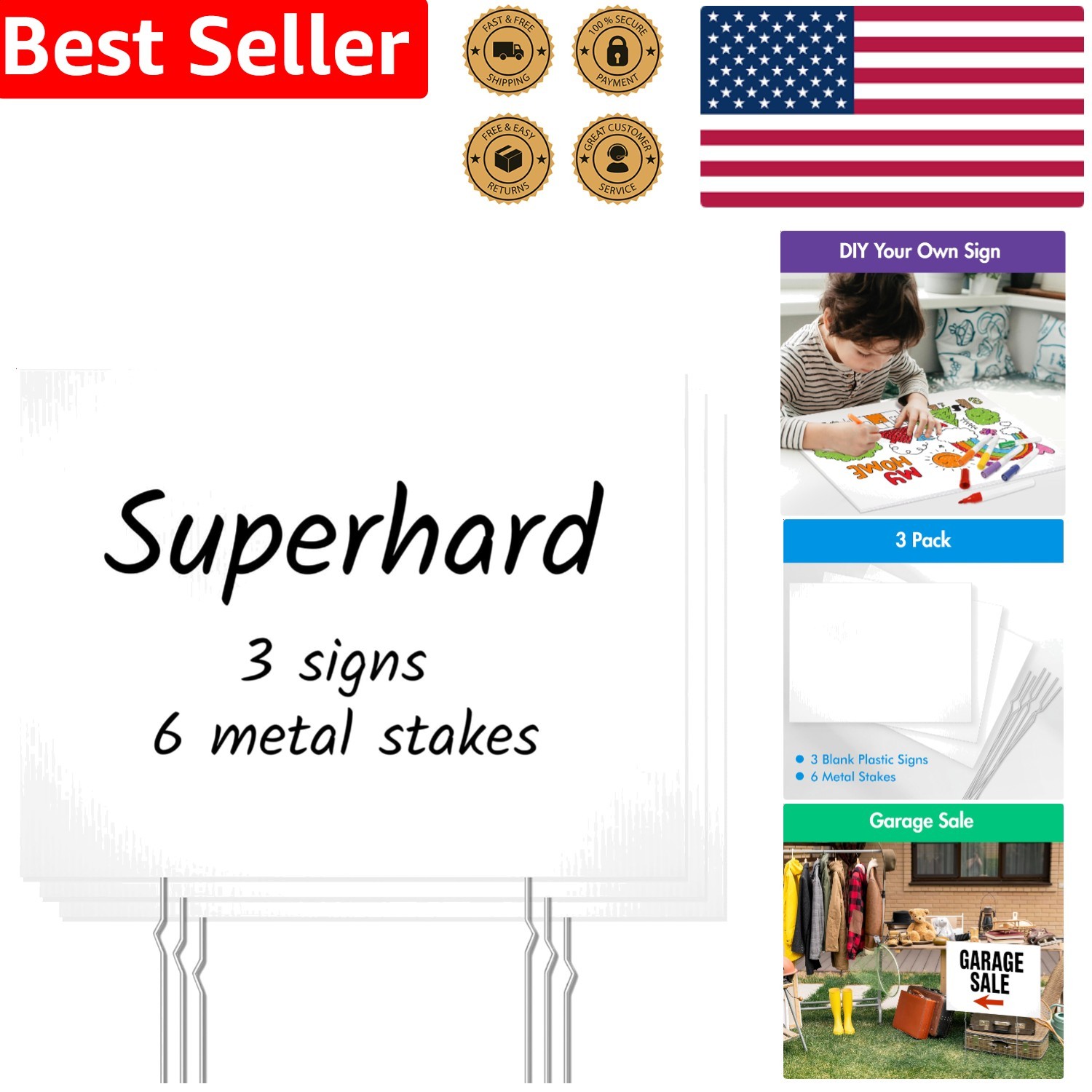 Customizable Blank Yard Signs 3 Pack, Durable Plastic Outdoor Boards w/ Stakes