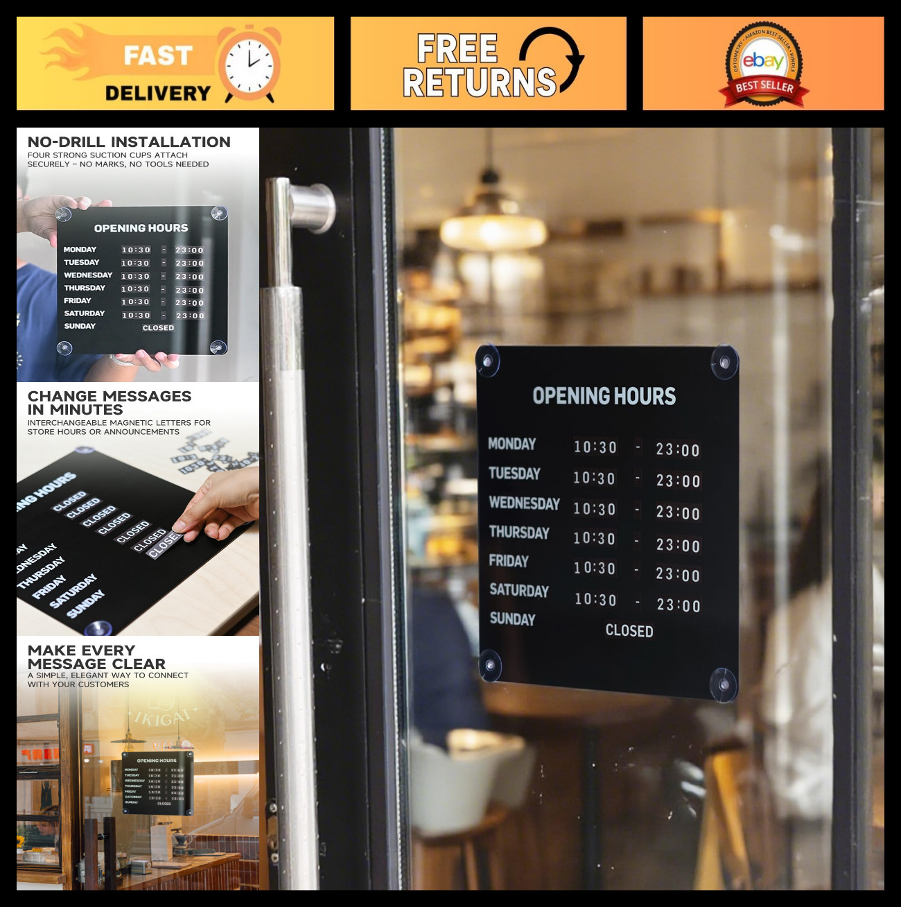 Magnetic Store Hours Sign – Changeable Business Hours Board for Glass Door, 10.2