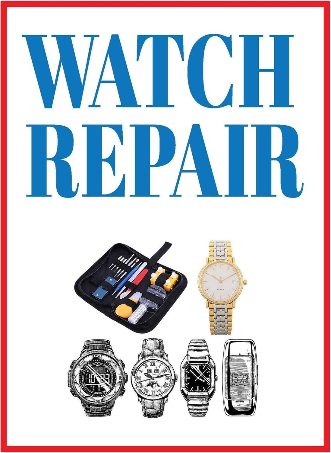 Watch Repair Retail Window Display Paper Signs | Pack of 6 | 18″w x 24″h