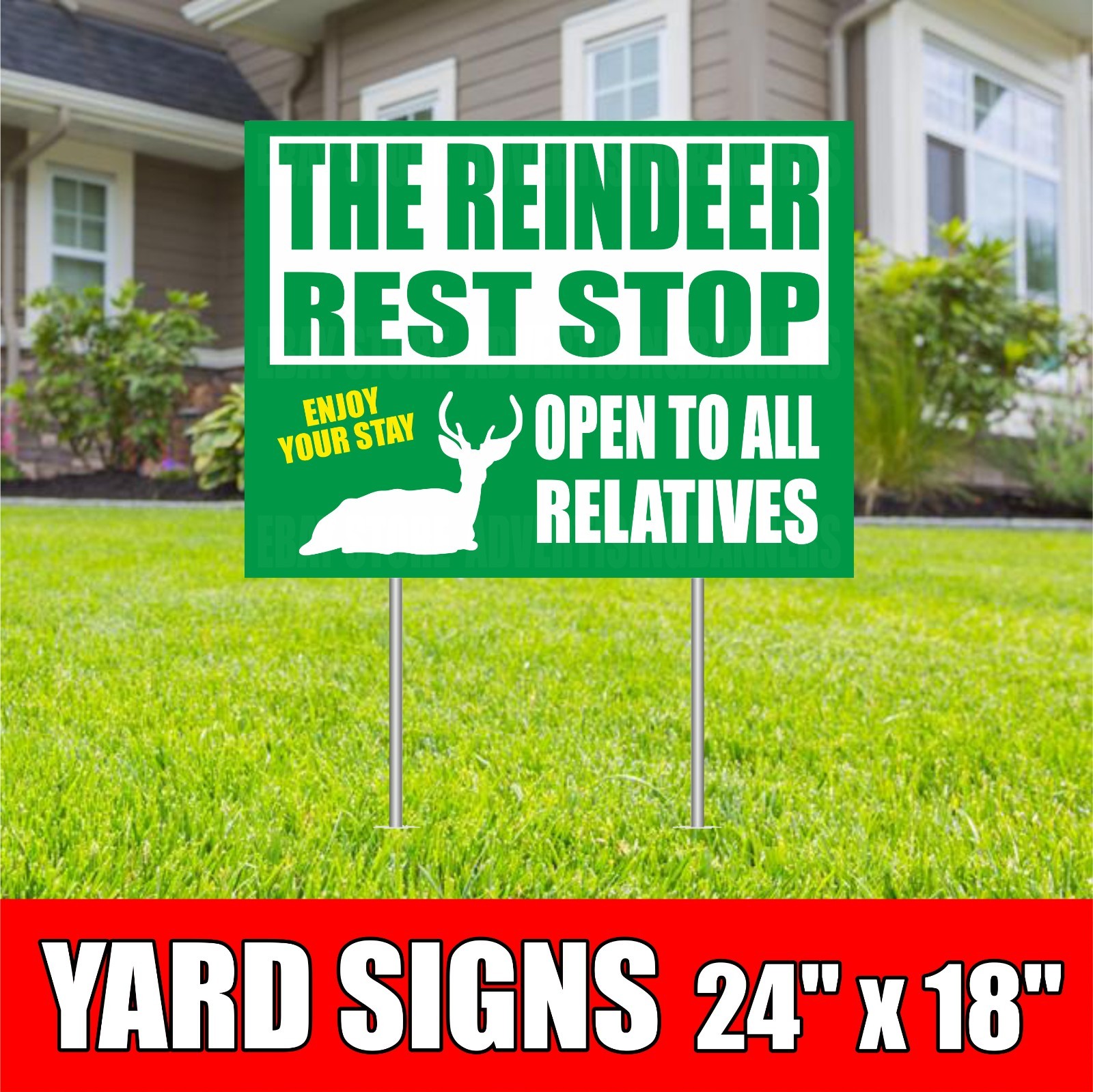 THE REINDEER REST STOP Yard Sign With H-Stakes OPEN TO ALL RELATIVES Christmas