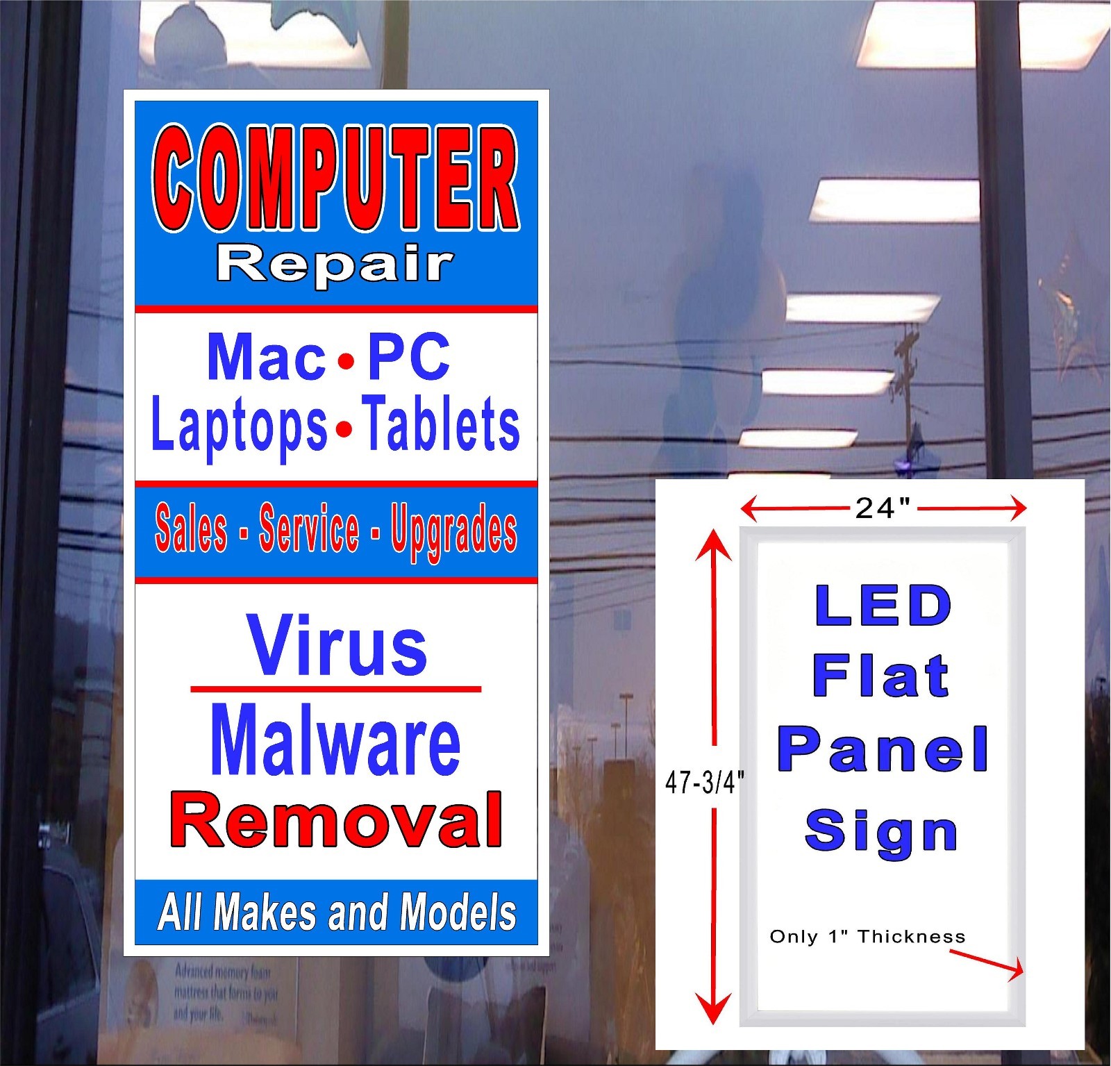 Computer Repair Mac PC Tablet virus removal Led Light box window sign 48″x24″