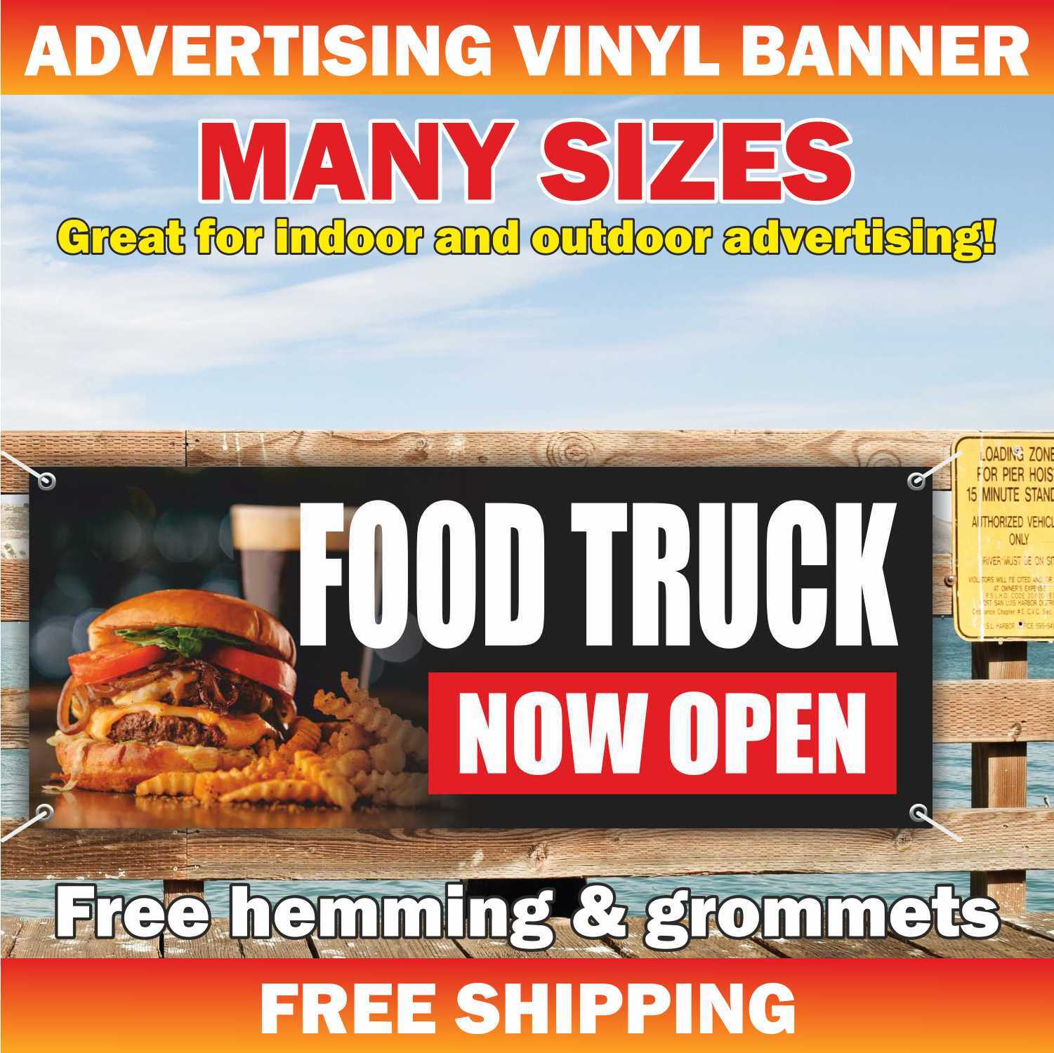 FOOD TRUCK NOW OPEN Advertising Banner Vinyl Mesh Sign fast food Bar Restaurant