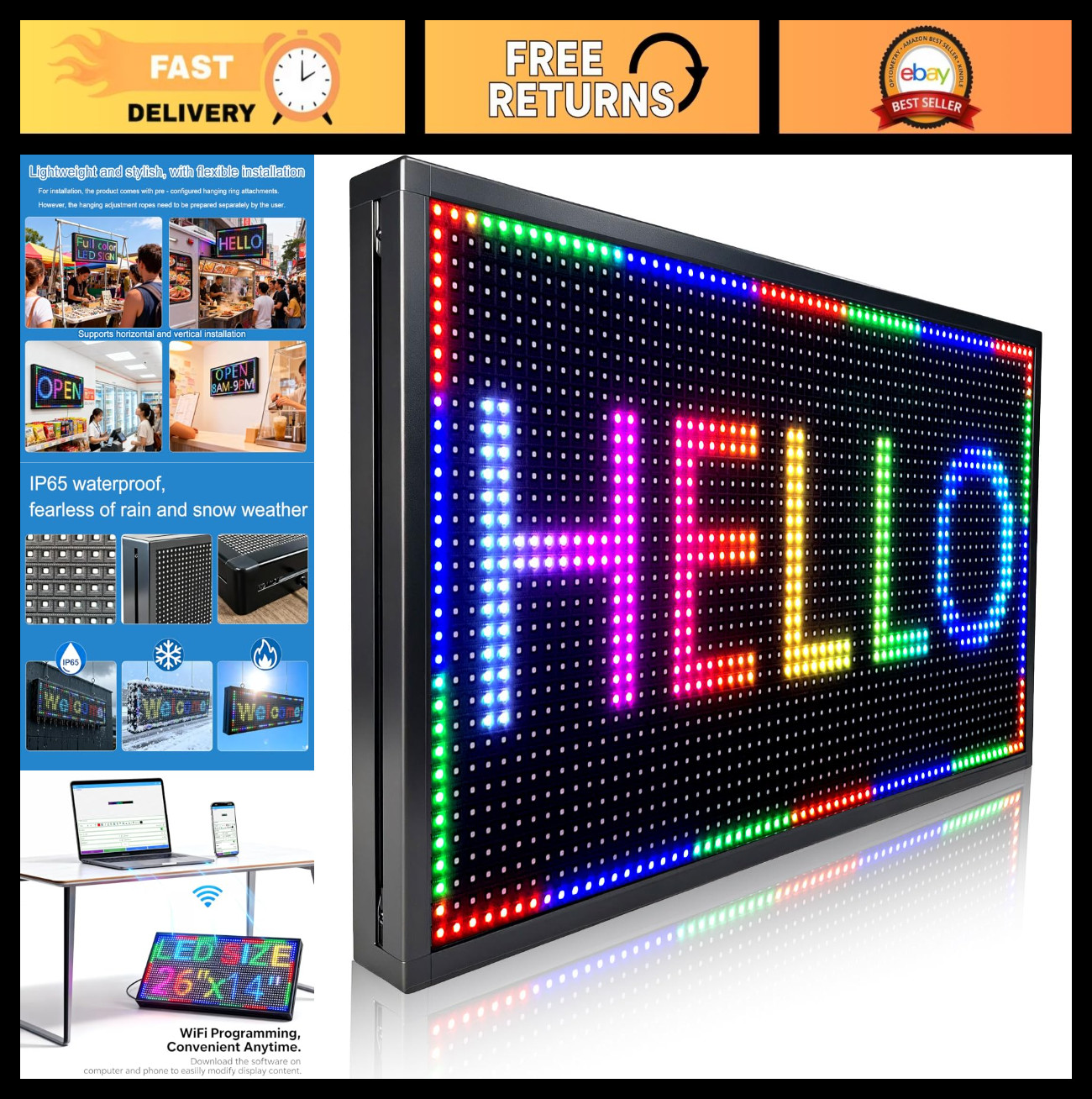 26×14″ Programmable LED Scrolling Sign – Outdoor Digital Message Board, WiFi Con