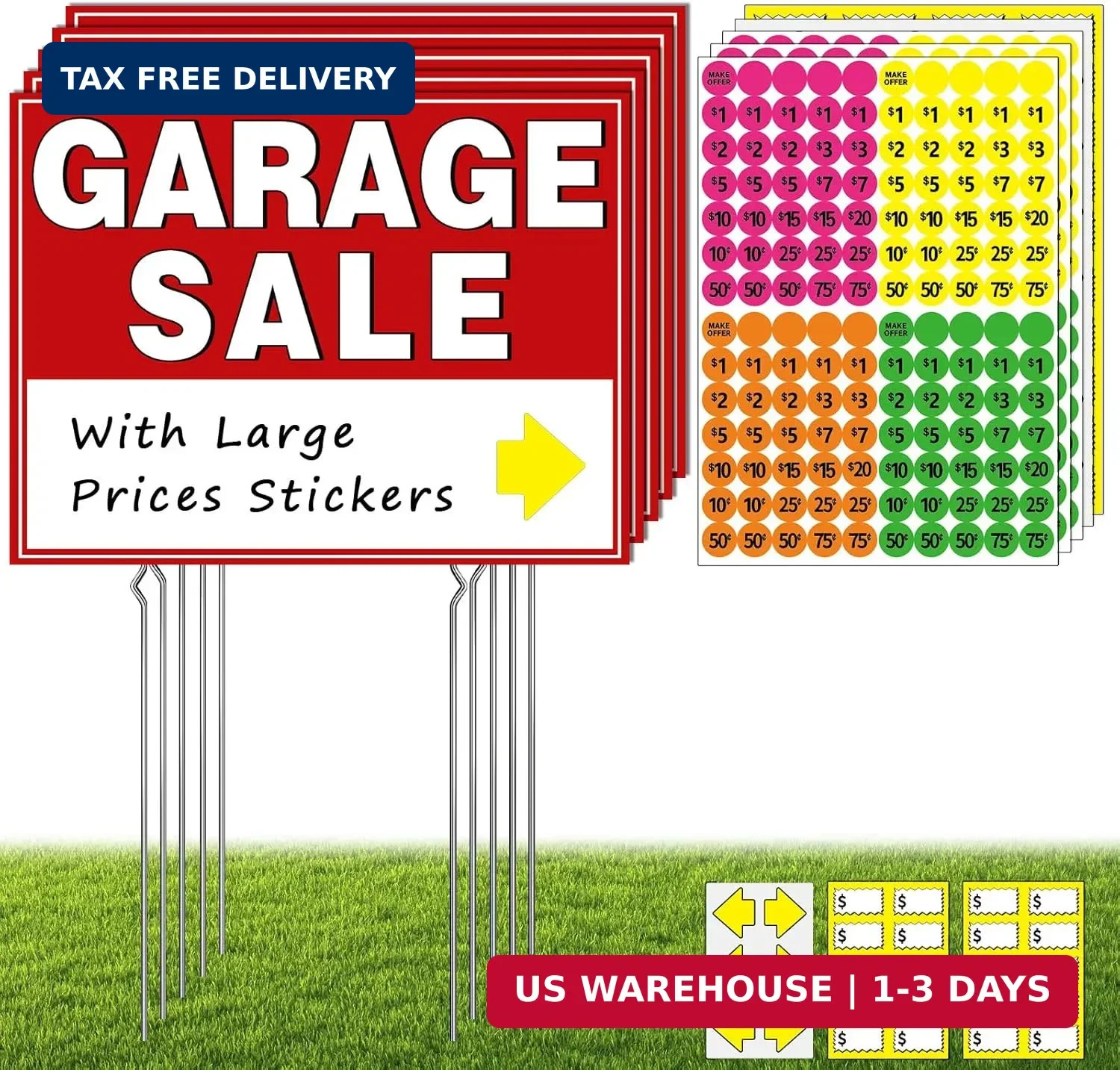 Garage Sale Kit (10 Pcs), 5 Pack Garage Sale Signs with Metal Stakes, 5 Pack Yar