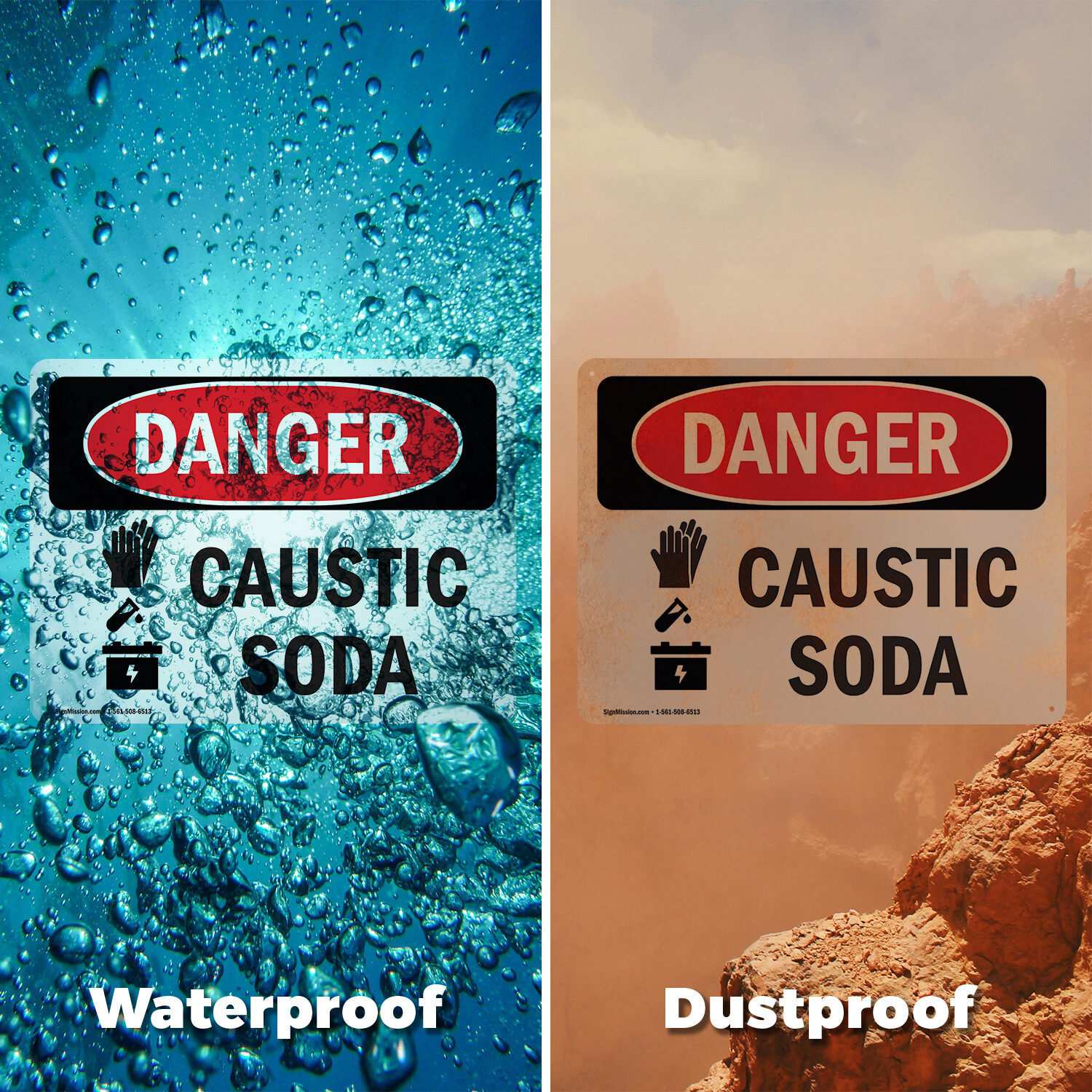 (2 Pack) Caustic Soda OSHA Danger Sign Decal Metal Plastic