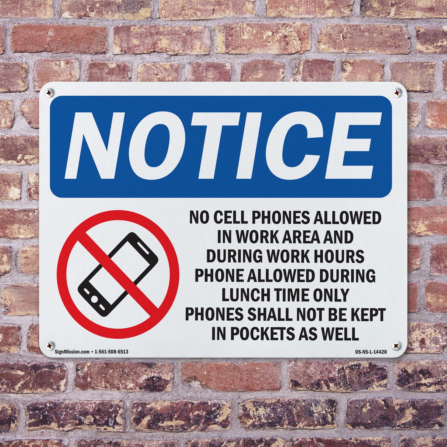 No Cell Phones Allowed In Work OSHA Notice Sign Metal,, Decal 5 or 10 Pack