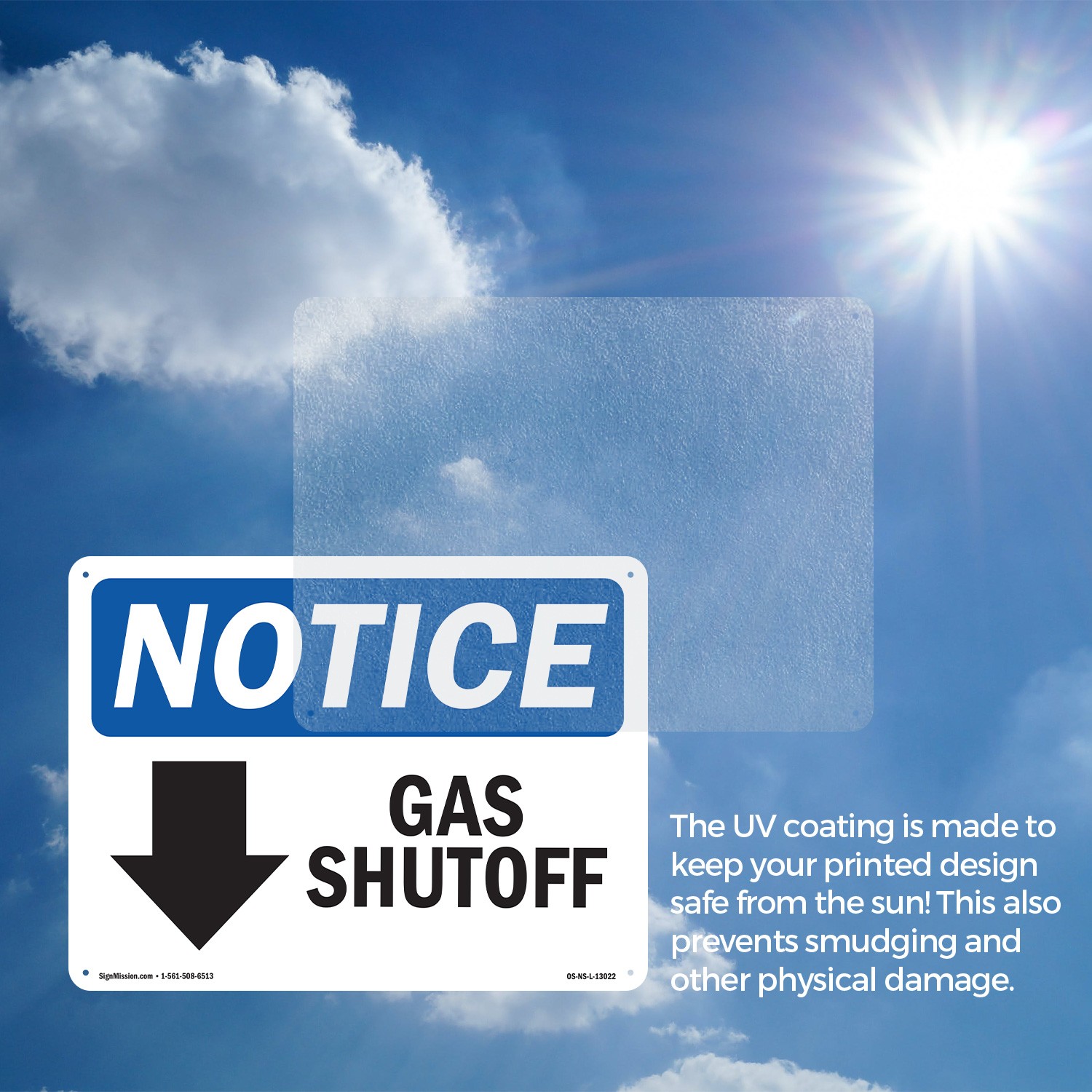 Gas Shutoff [Down Arrow] OSHA Notice Sign Metal, Plastic, Decal – 5 or 10 Pack