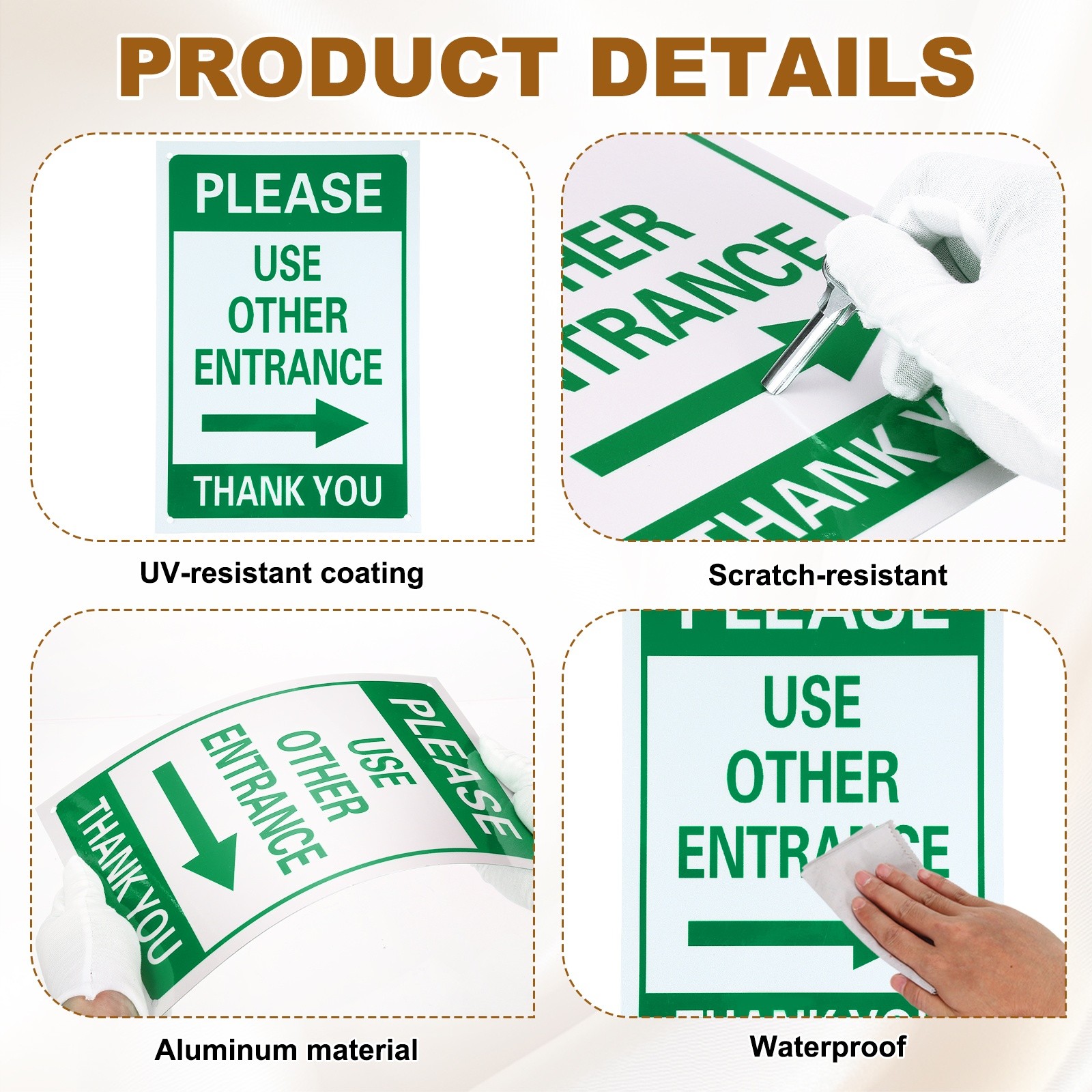2 Pcs Please Use Other Entrance Thank You Sign, Dark Green on Light Beige