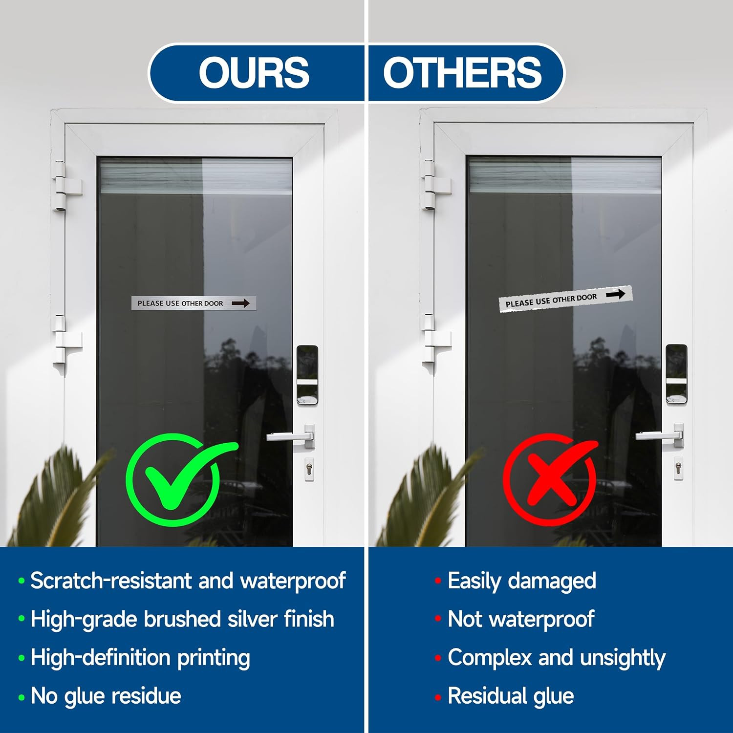 2Pack Use Other Door Sign，Self-Adhesive Weatherproof Black Silver Vinyl Please U