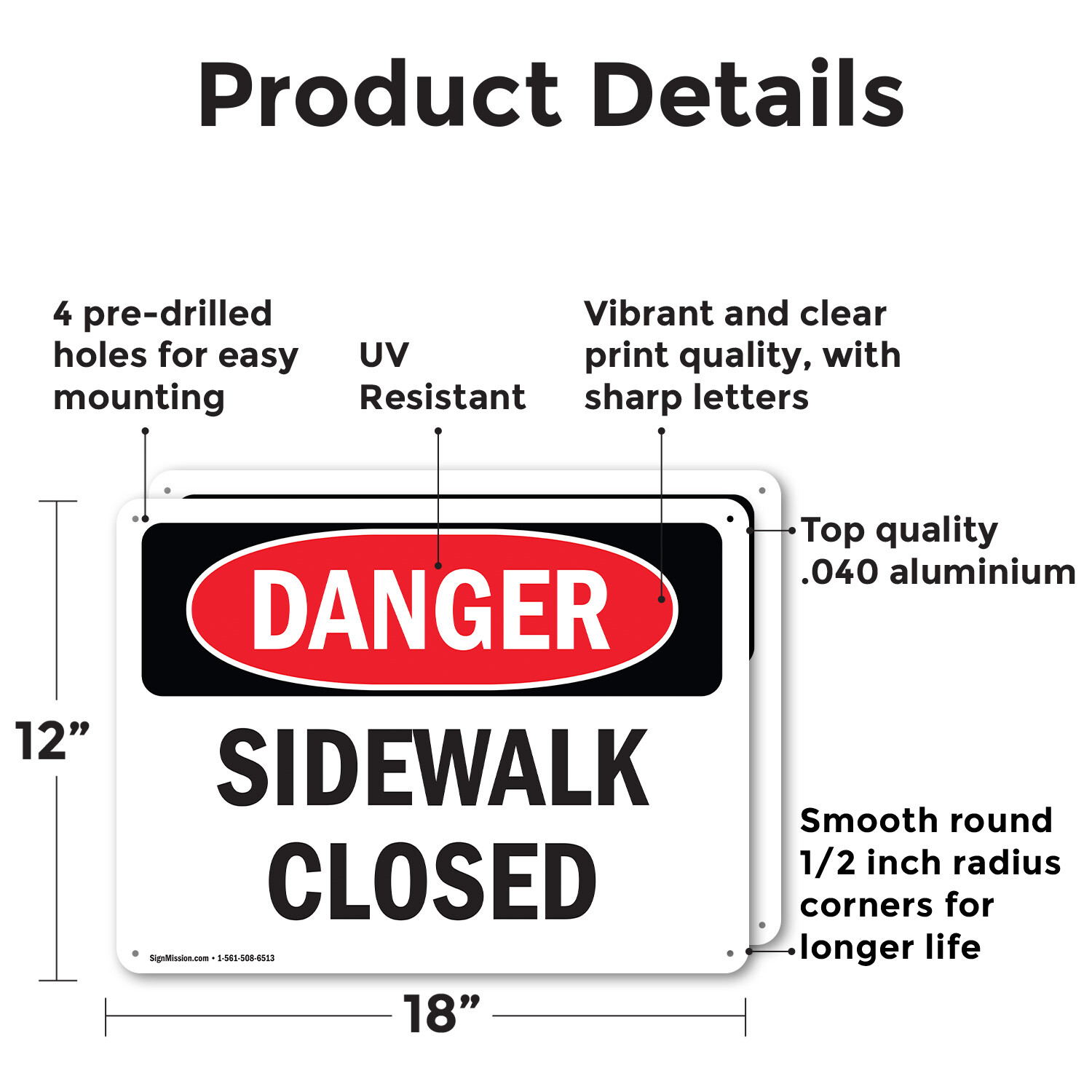 (2 Pack) Sidewalk Closed OSHA Danger Sign Decal Metal Plastic