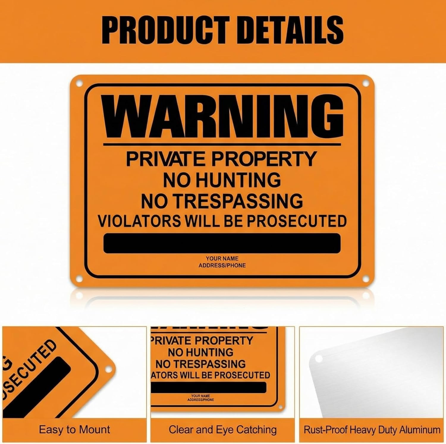 No Hunting No Trespassing Signs 8 Pack Reflective Metal Private Property Orange