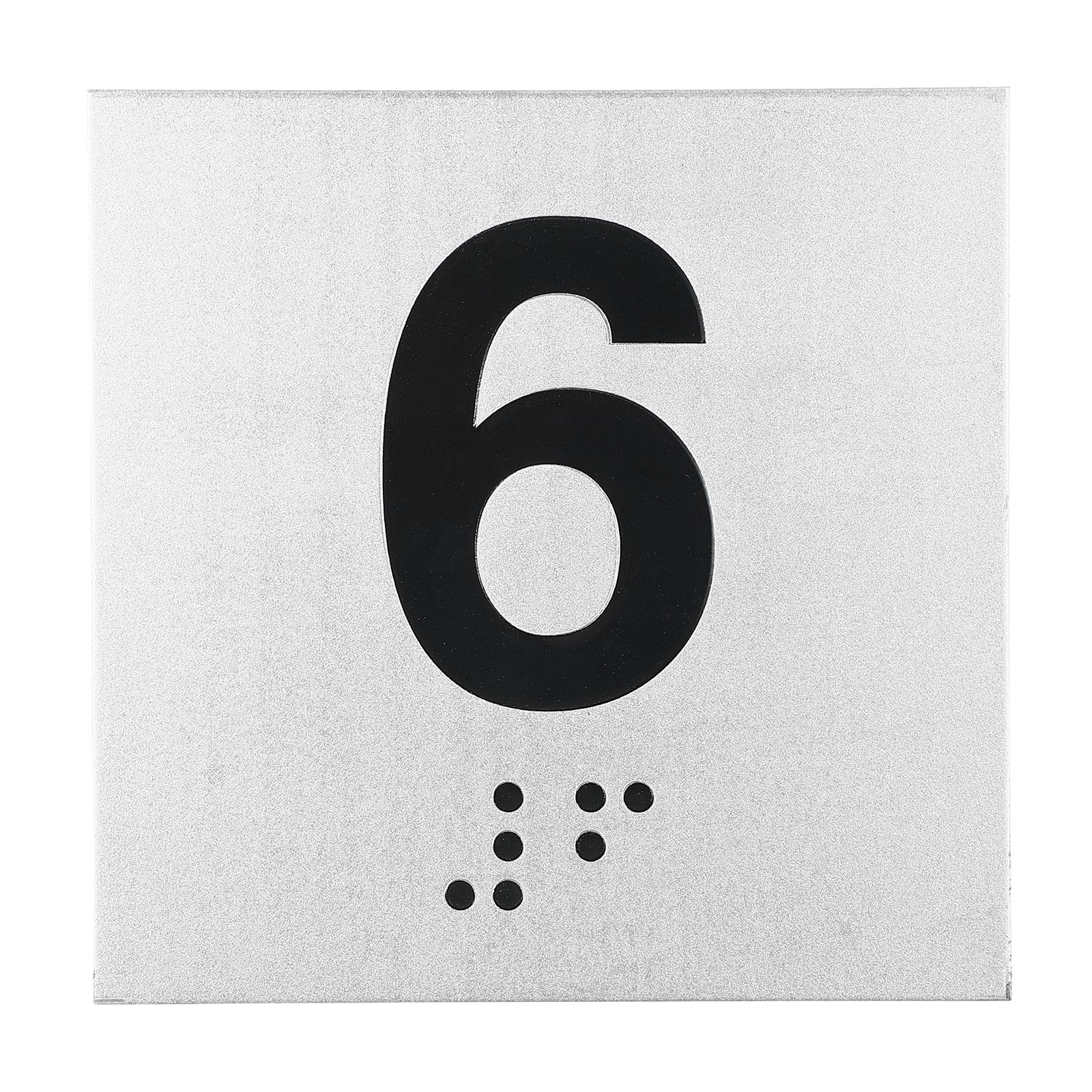 Exam Room Number Sign, 8″ x 8″ Number 6 Sign with Braille, Black on Silver