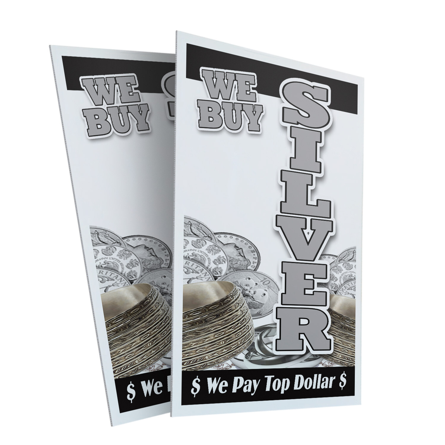 We Buy Silver Vertical 24″ x 36″ 2 Pack Of Store Sign Plastic Or Decal