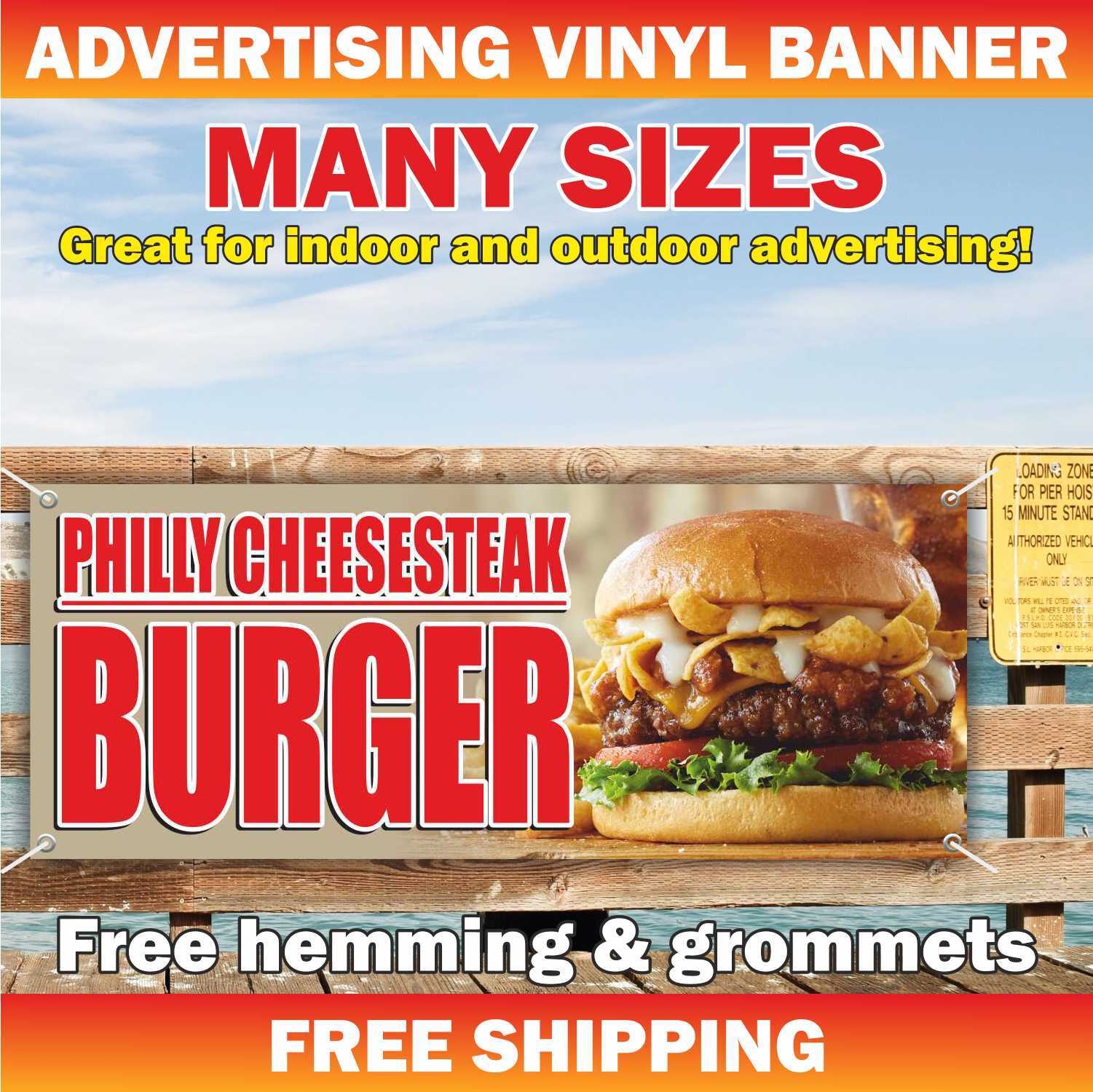 PHILLY CHEESESTEAK BURGER Advertising Banner Vinyl Mesh Sign Restaurant Bar Cafe