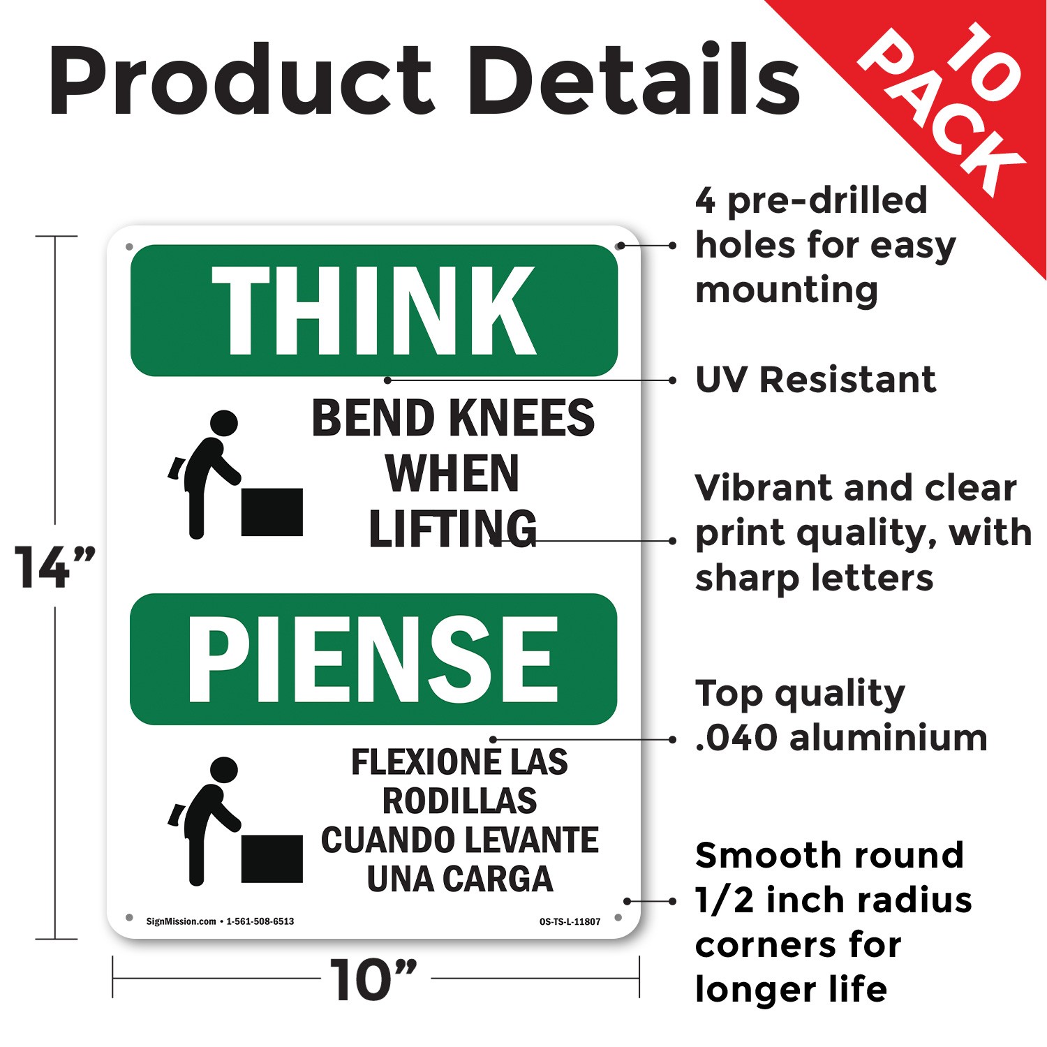 Bend Knees When Lifting Bilingual OSHA Think Sign Metal, Decal – 5 or 10 Pack