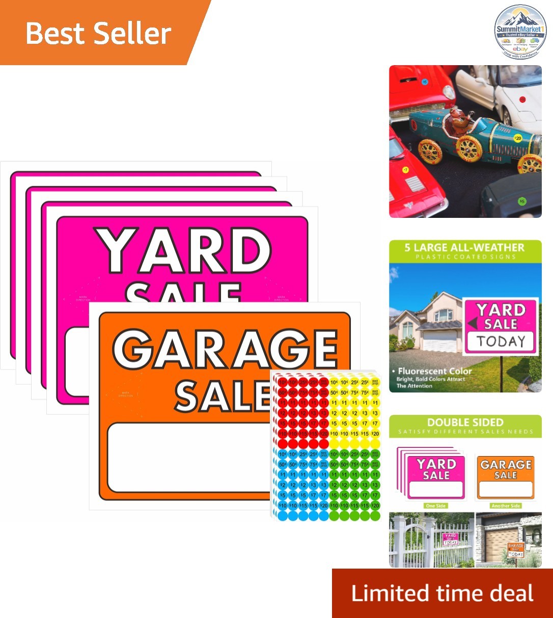 Yard Sale Sign Kit 5-Pack Double-Sided Fluorescent Plastic Coated Signs