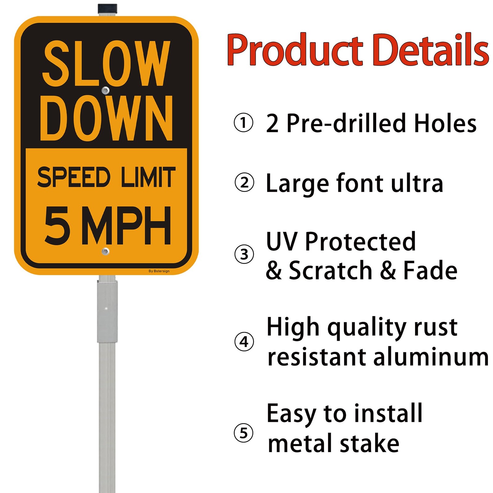 2 PCS Slow Down Speed Limit 5 MPH Sign 36 Inch Stakes 14×10 In Reflective