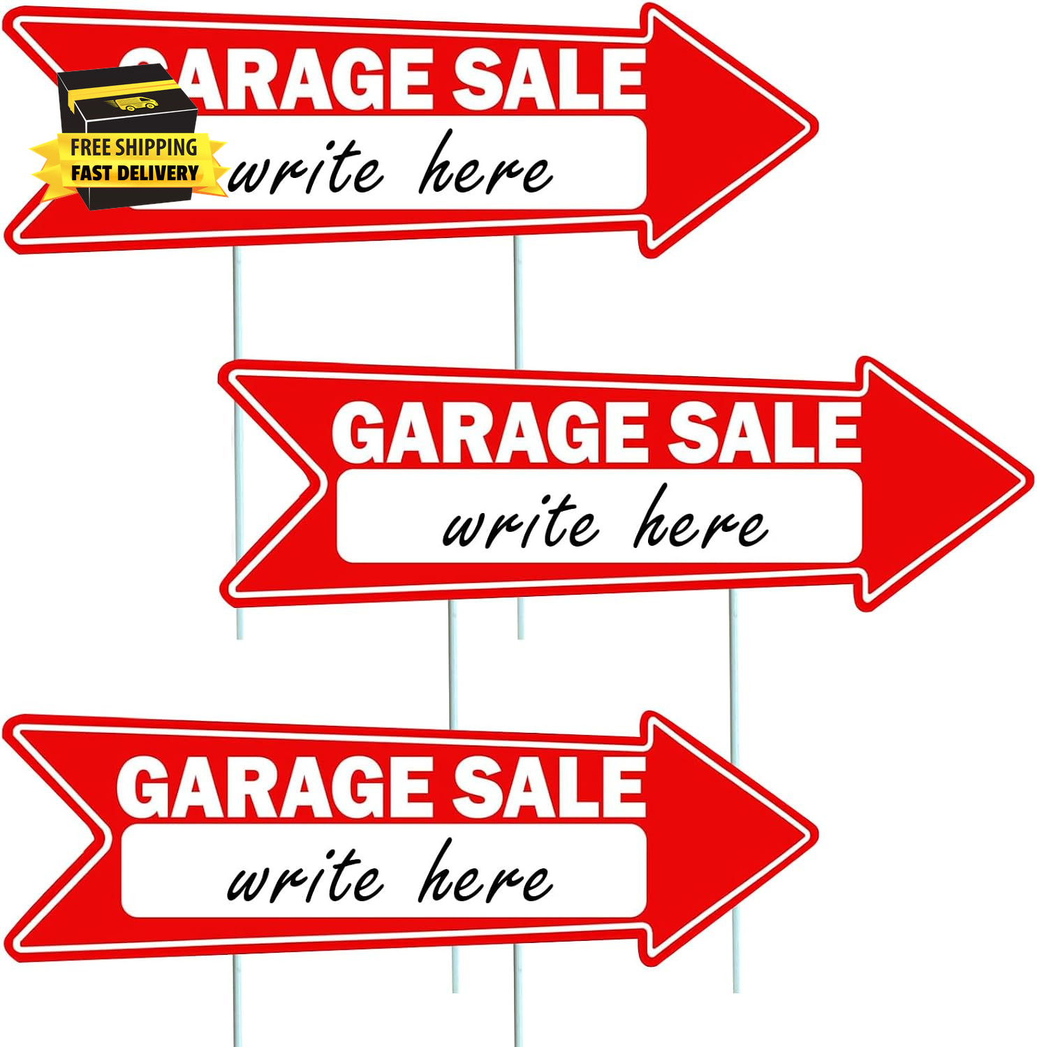 3 Pcs Garage Sale Arrow Signs with Stakes 16 X 5 Inch Yard Signs | Double Sided,