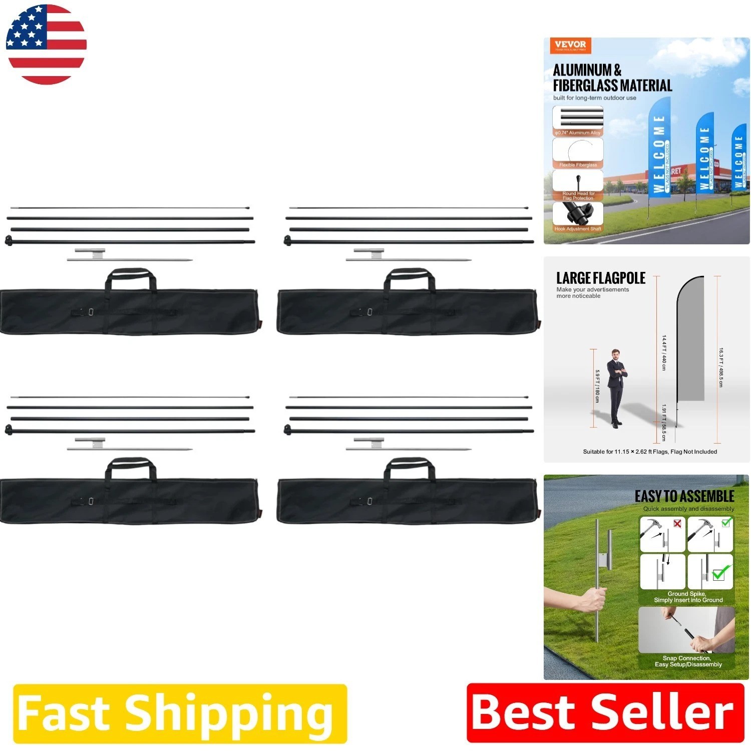 Heavy Duty 16.3 Ft Swooper Flag Pole Kit 4 Pack – Durable Aluminum/Fiberglass…