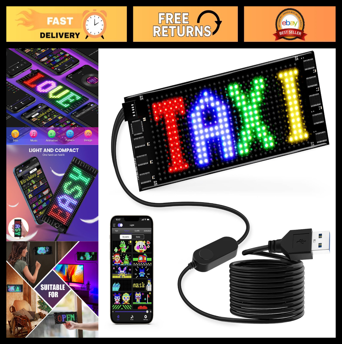 Flexible LED Matrix Sign 7″x3″ – Programmable Bluetooth Scrolling Display for Ca