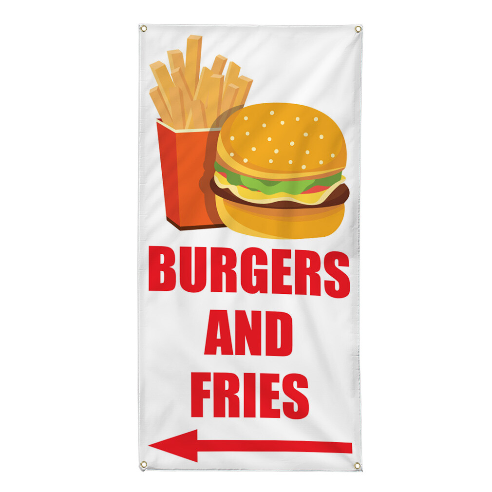 Vertical Vinyl Banner Multiple Sizes Burger and Fries White with Red Arrow