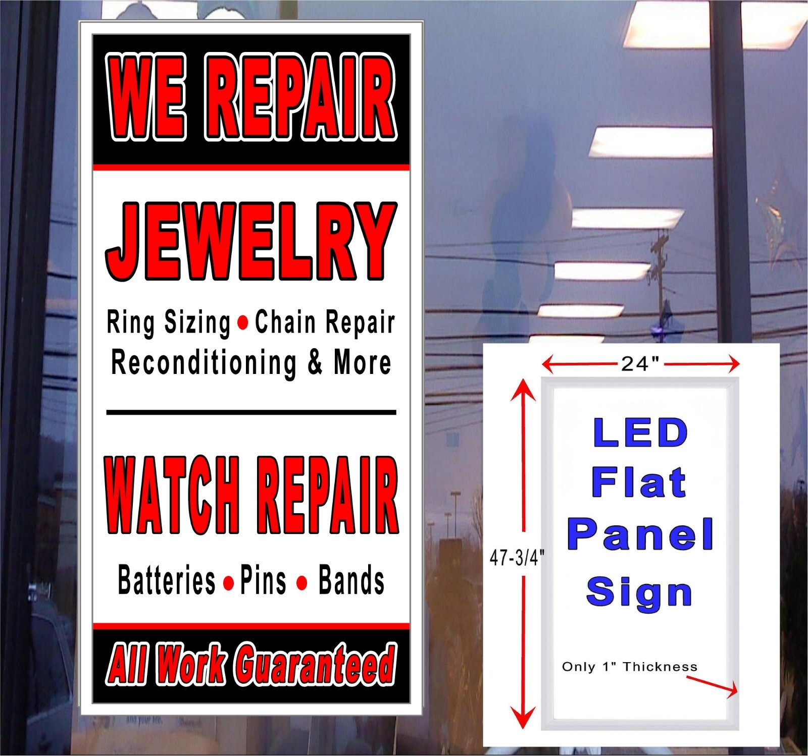 Jewelry and Watch Repair ring sizing battery bands Led light box window sign