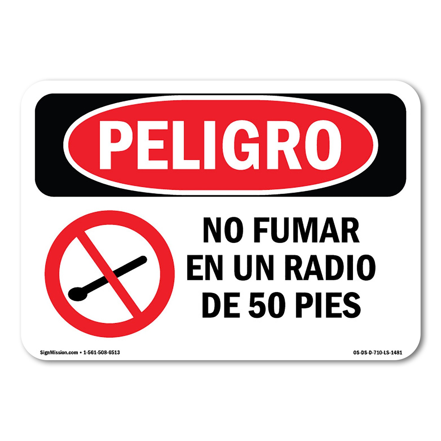 No Smoking Within 50 Feet Spanish ANSI Danger Sign Metal Plastic Decal