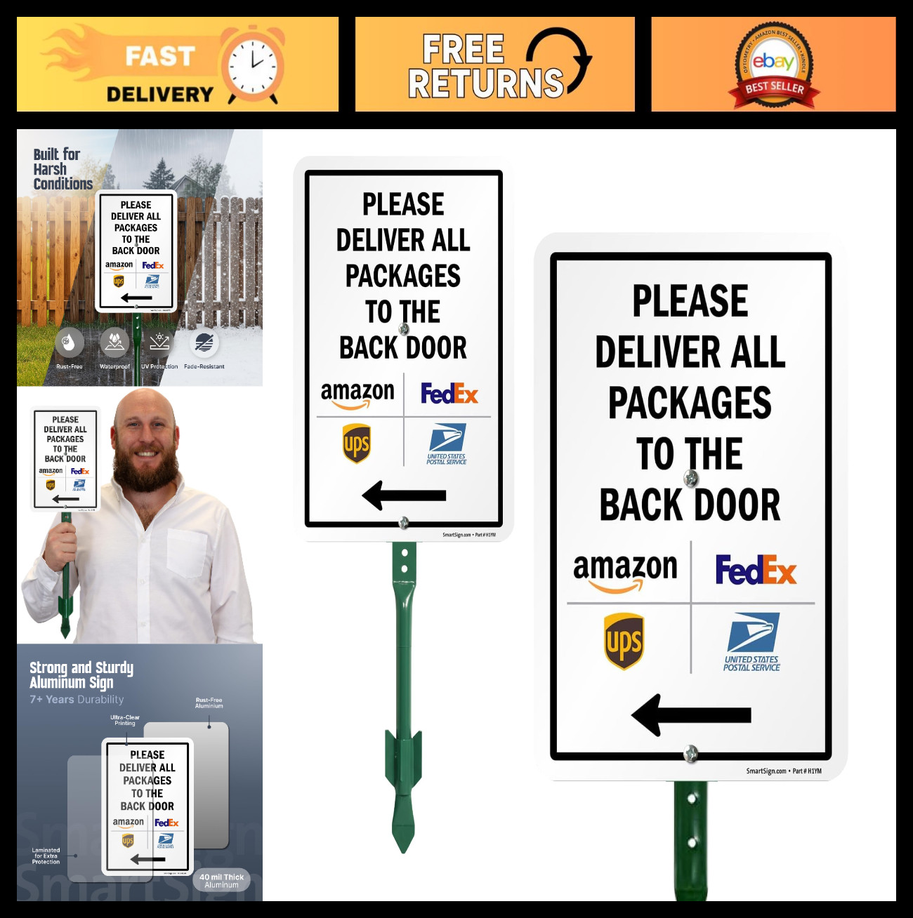 10×7 Inch ‘Please Deliver All Packages To Back Door’ Yard Sign with Stake – Rust