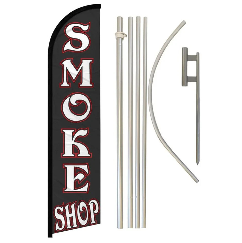 Smoke Shop Windless Advertising Banner Flag & Pole Kit (BLACK)