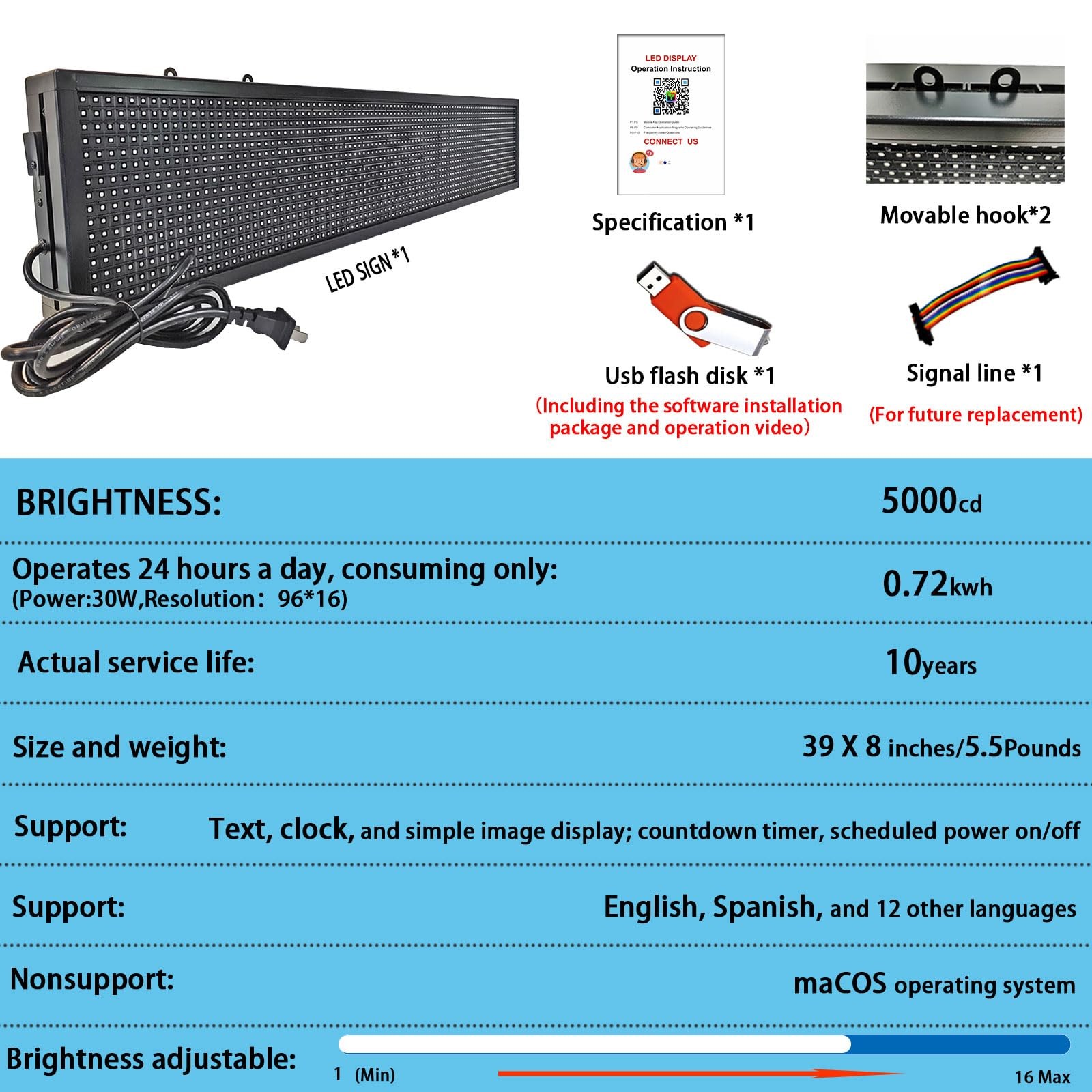 39”x8” Waterproof LED Sign Board – Programmable Full Color with WiFi Control