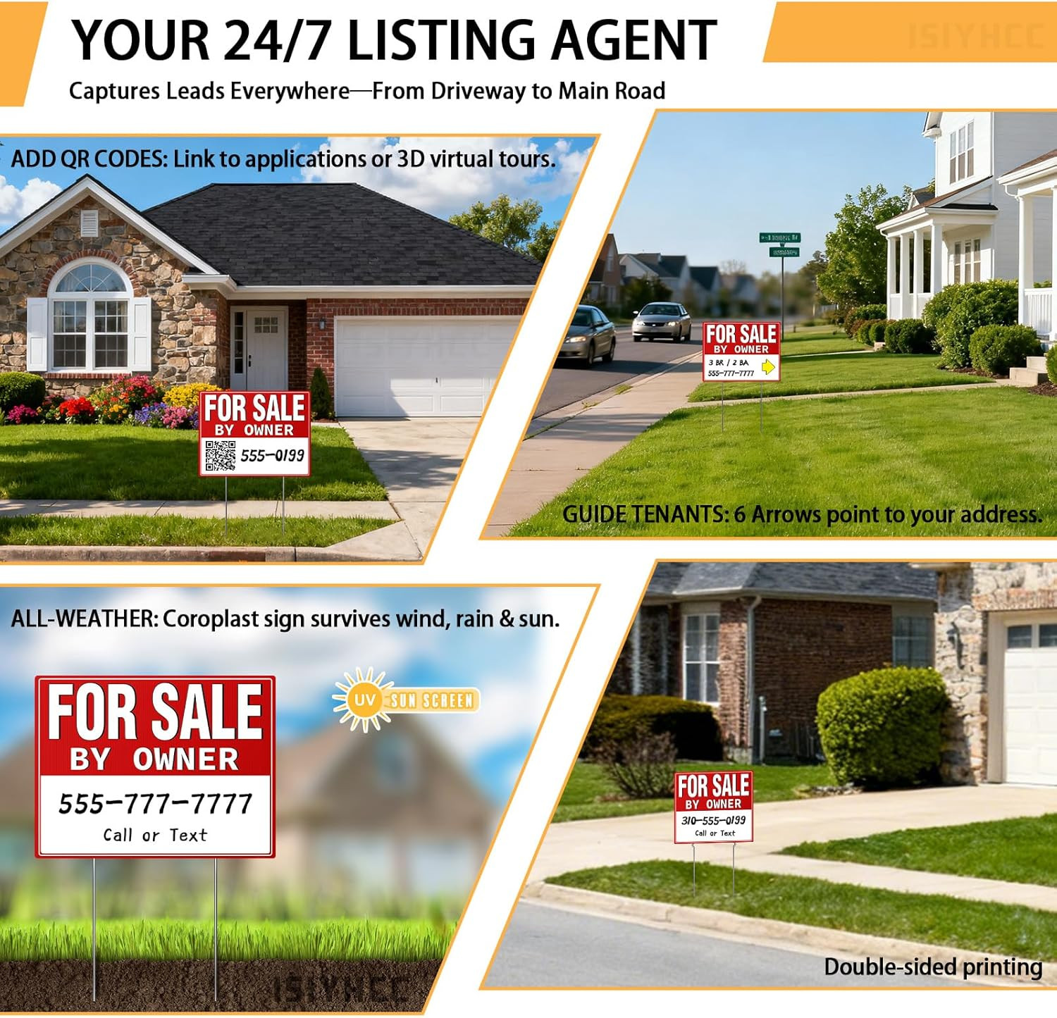 For Sale By Owner Sign Yard Metal Stakes FSBO House Real Estate Signage 2 Pack