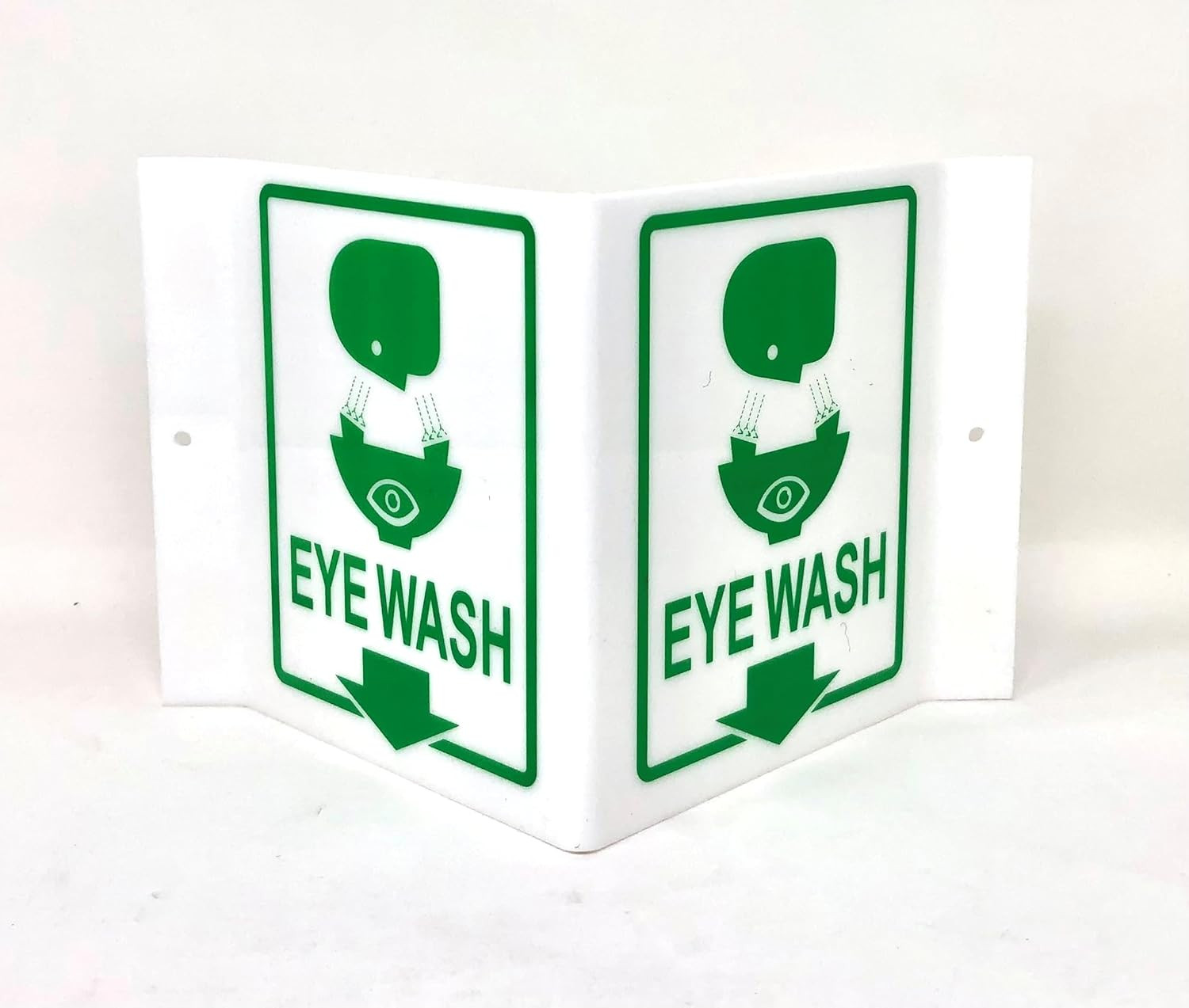 9″ Width X 6″ Height X 4″ Depth Acrylic, Green on White Standard EYEWASH “V” Sig