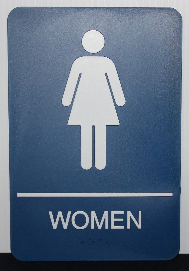 6″x9″ ADA Women Restroom Sign Blue/White Braille Grade II with Tape