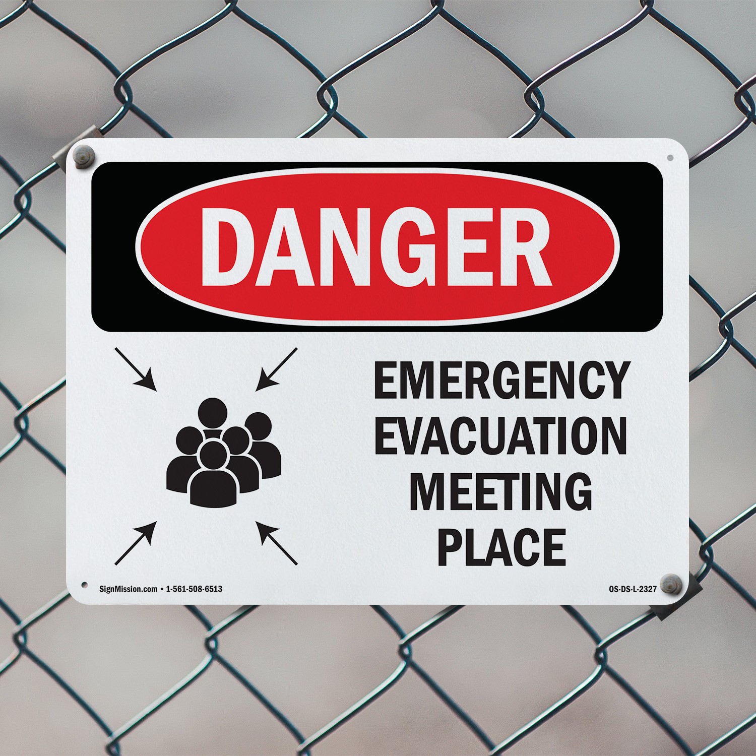 Emergency Evacuation Meeting Place OSHA Danger Sign Metal, Decal – 5 or 10 Pack