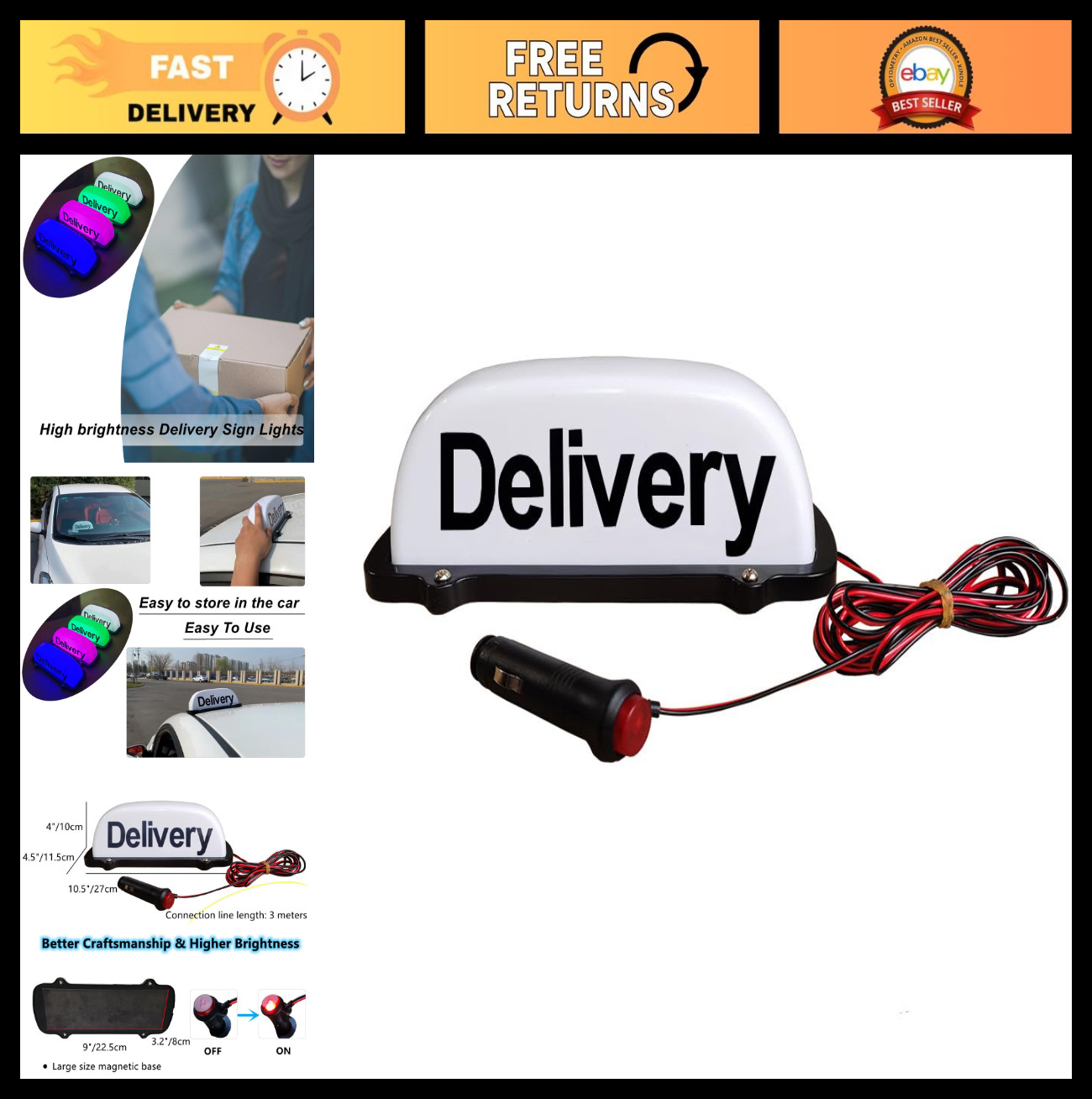 12V Magnetic Waterproof Delivery Sign Light for Car, LED Taxi Roof Top Light